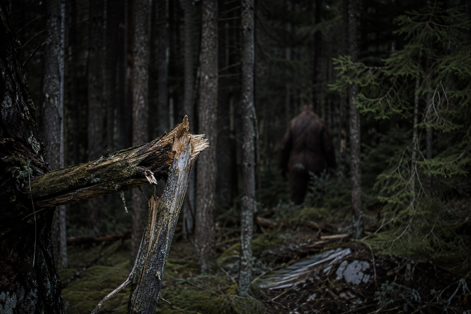Premium editorial reconstruction of a forest edge with broken branch and uncertain large figure context