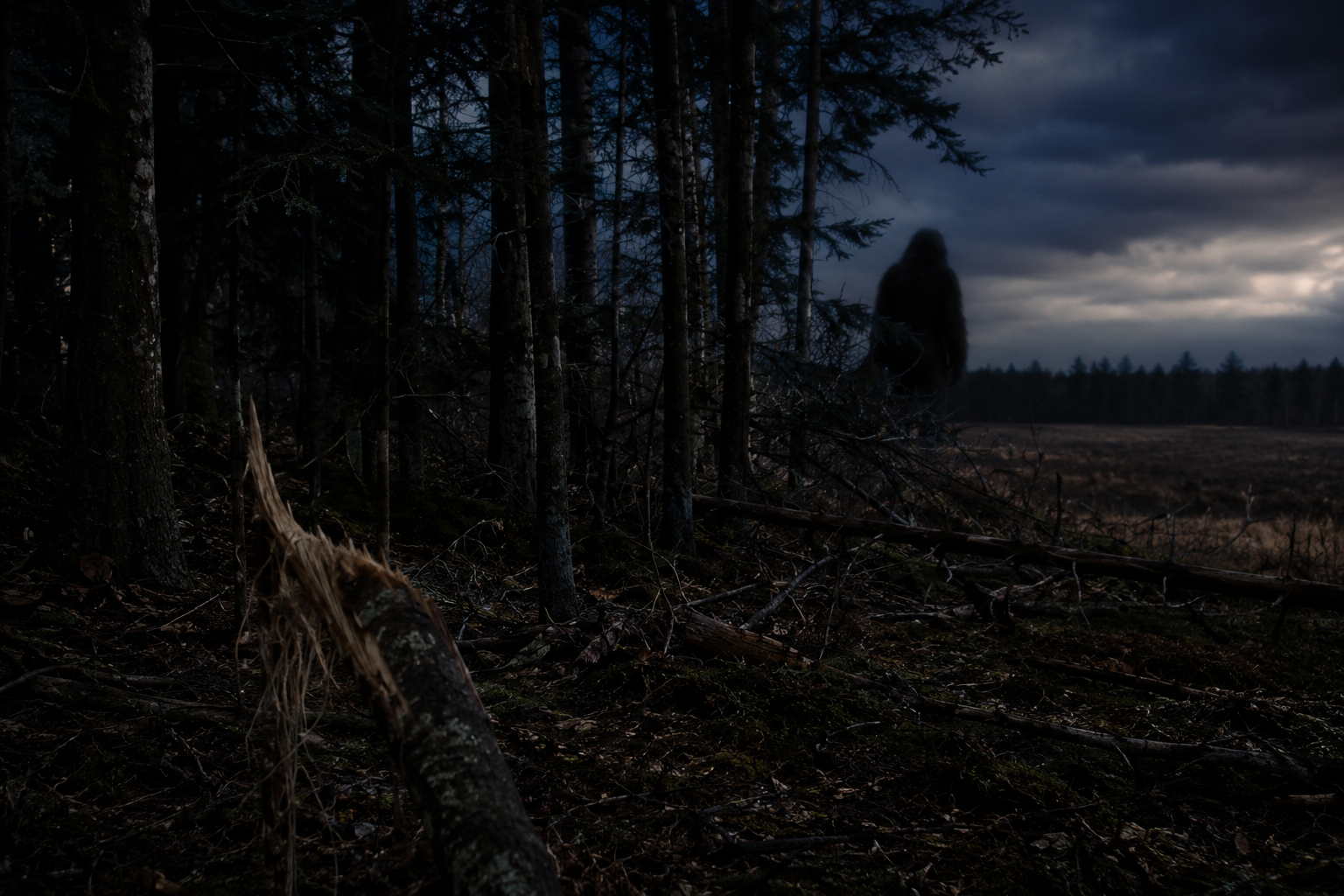 Cinematic editorial reconstruction of a dark forest edge where a large hairy figure may be hidden