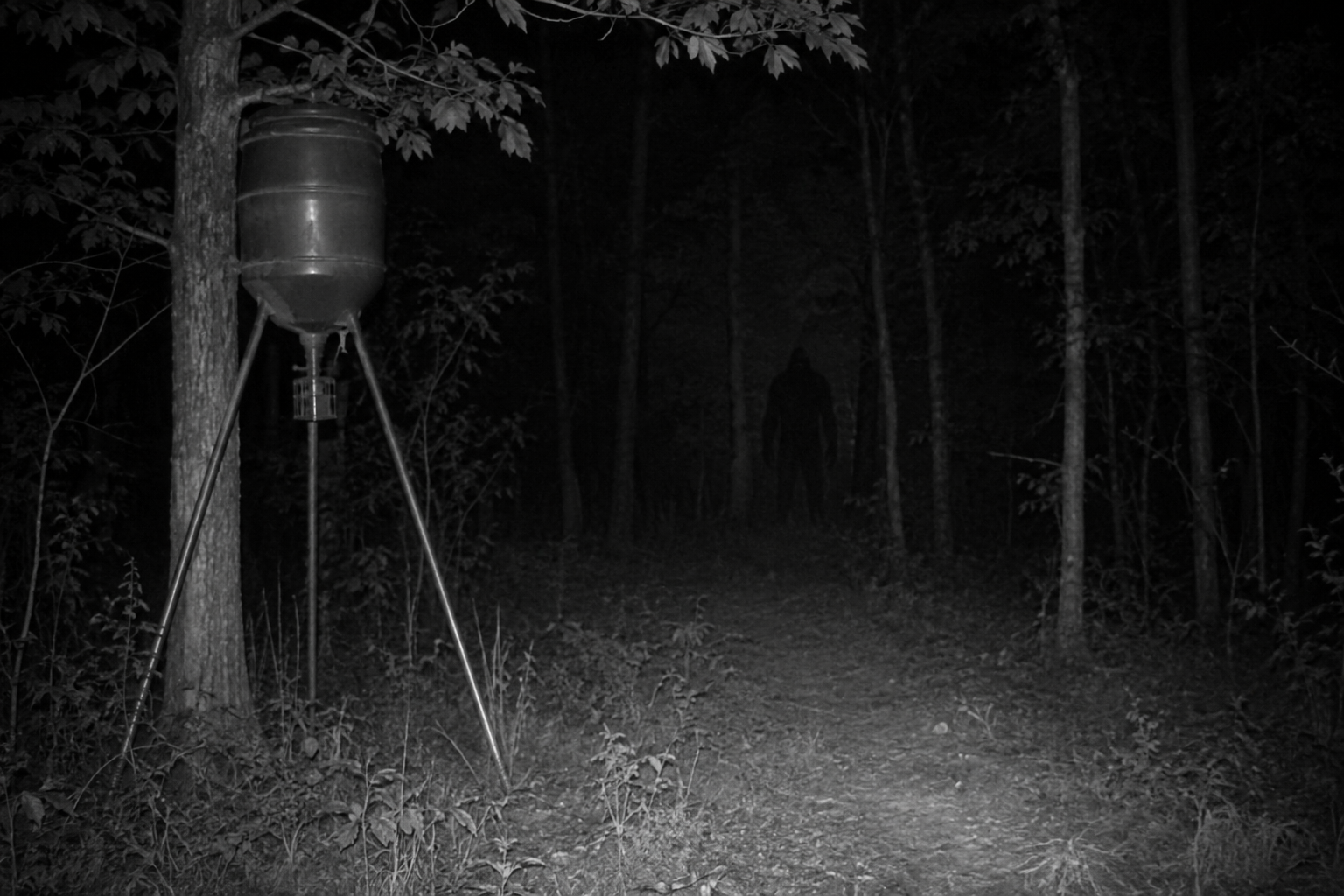 Cinematic editorial reconstruction of an ambiguous trail-camera forest scene