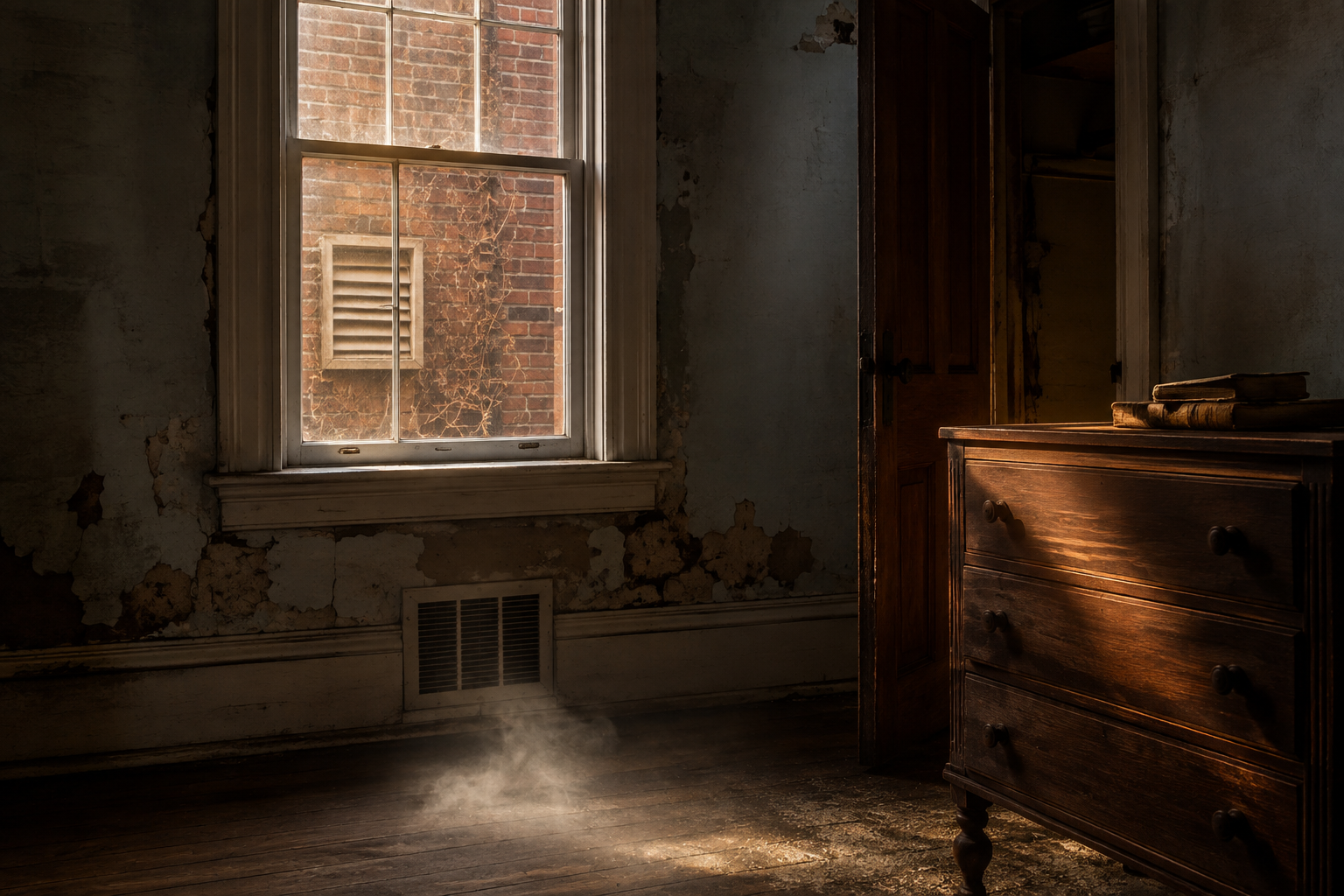 Cinematic editorial reconstruction of a cold patch in an old room with ordinary building details
