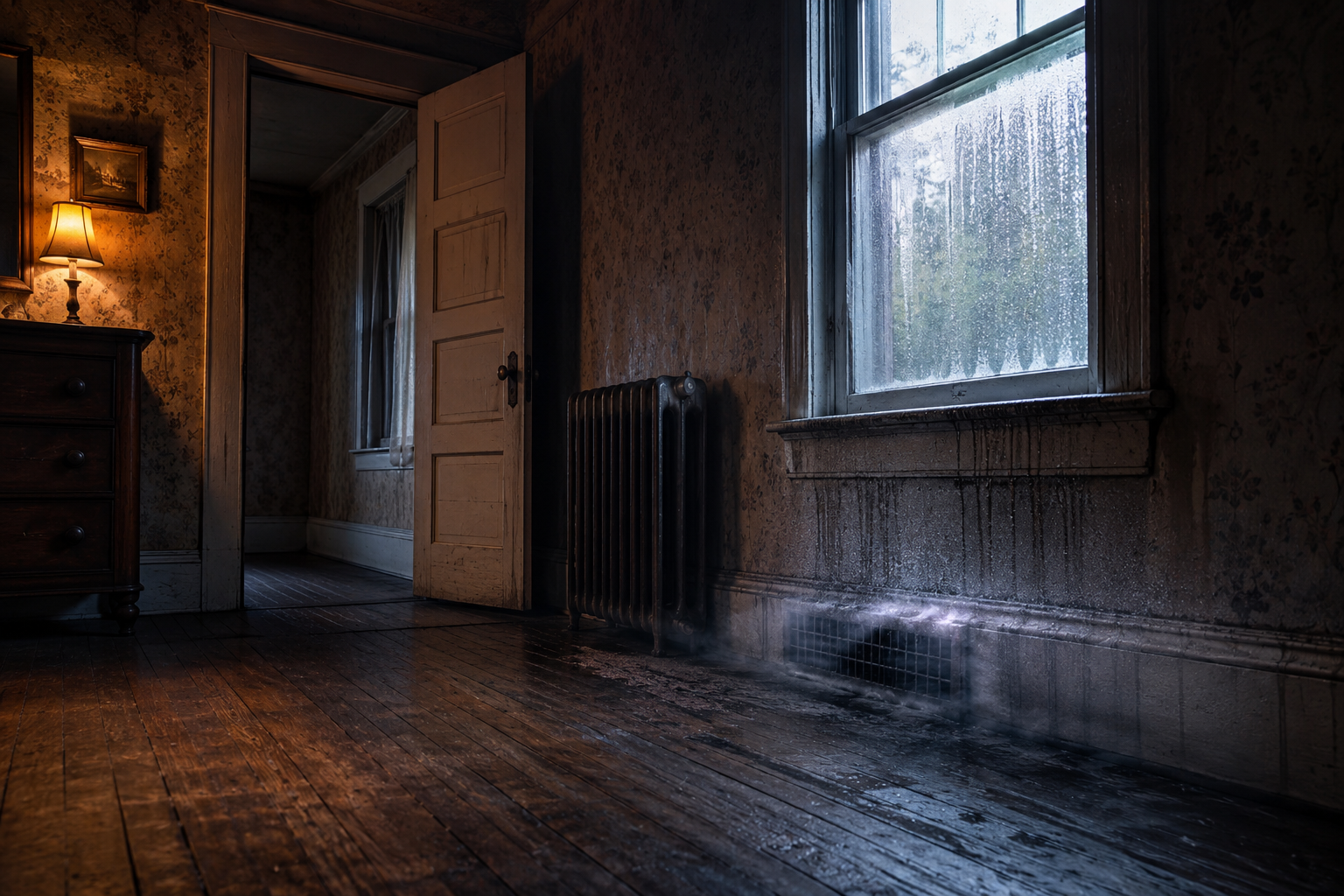 Premium editorial reconstruction showing a cold area in a room with windows, vents and wall details