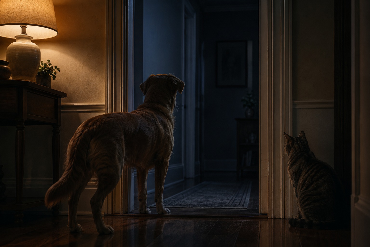Cinematic editorial image of a dog alert at a dim doorway while a cat watches a dark corner, illustrating animal behavior in paranormal reports without claiming proof.