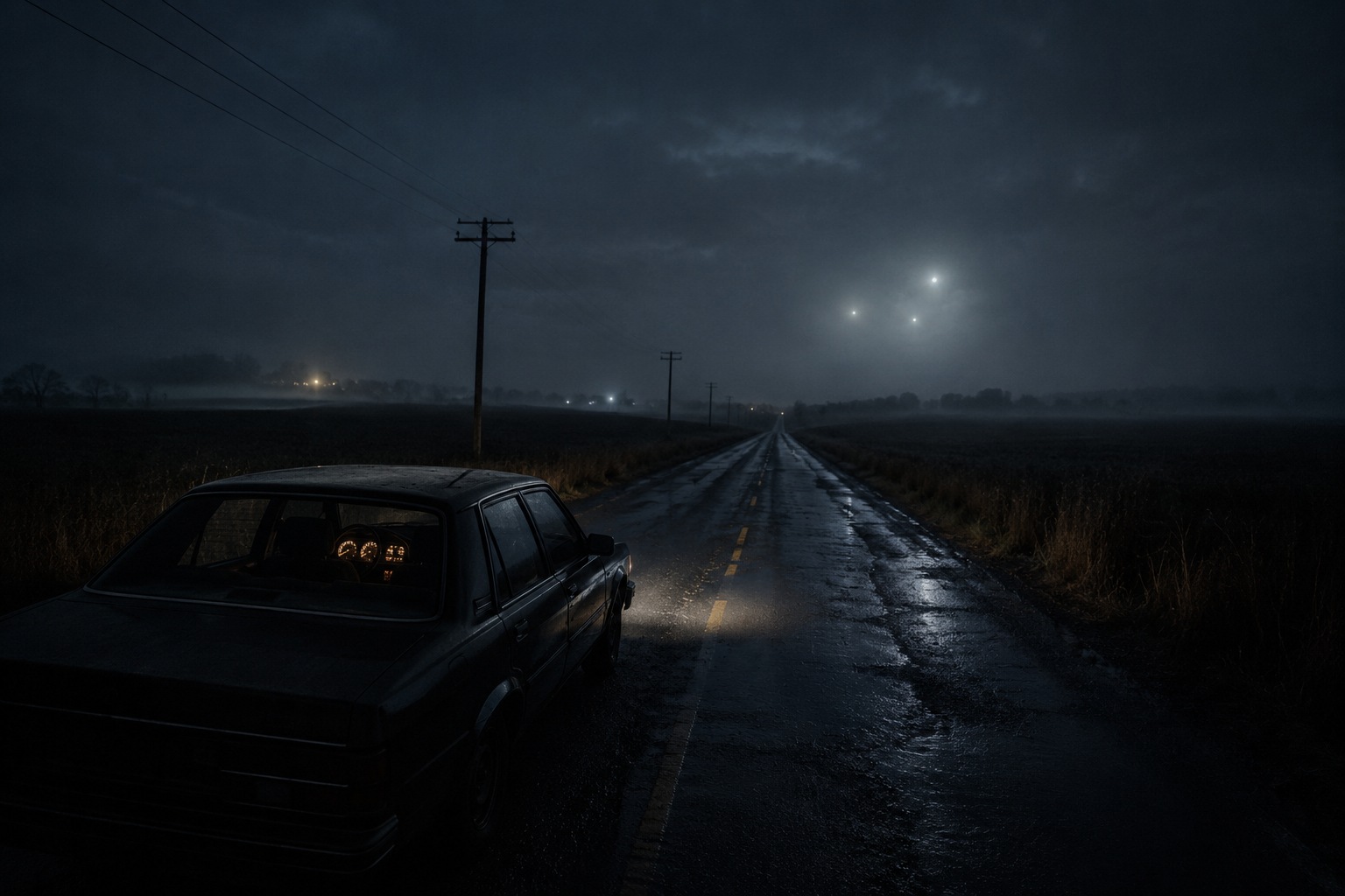 Cinematic editorial image of a stopped car on a dark rural road with distant unexplained lights, illustrating UFO vehicle-effect reports without claiming proof.