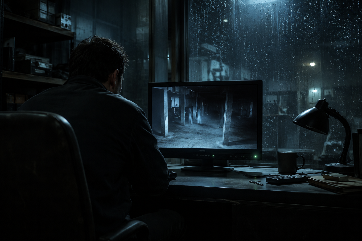 Cinematic editorial reconstruction of ambiguous ghost photography artifacts in a dark room