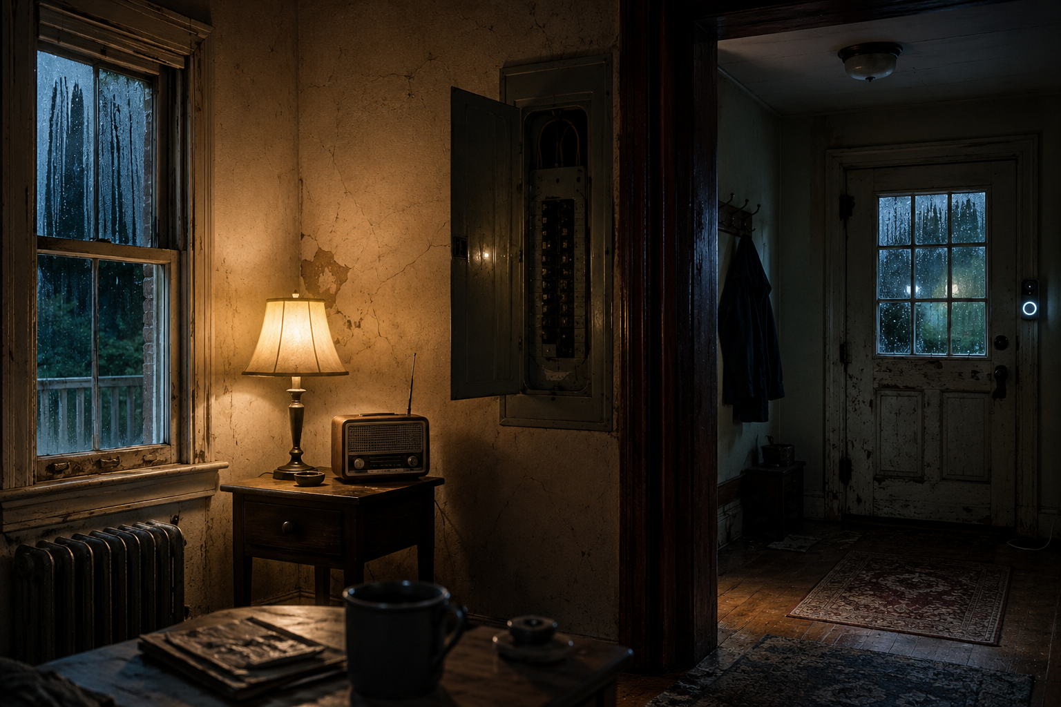 Premium supporting visual showing electrical and device clues in an old haunted house