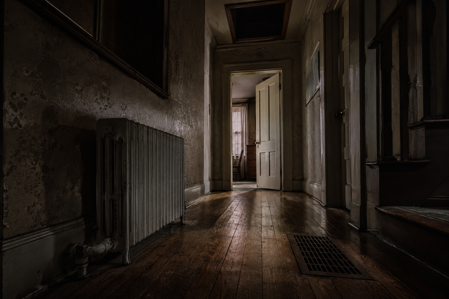 Premium editorial reconstruction showing ordinary sources of haunted-house sounds in an old hallway