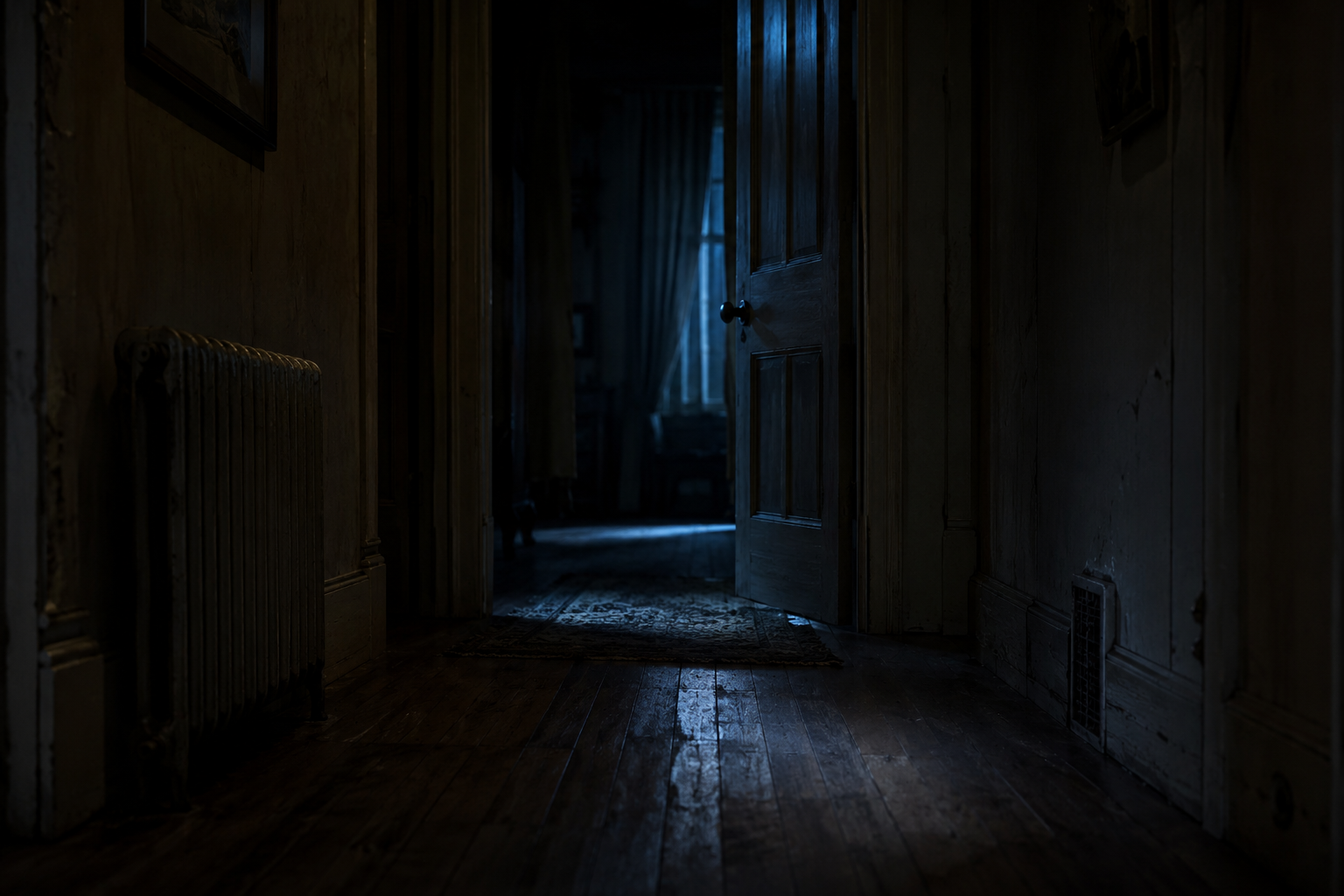 Cinematic editorial reconstruction of a quiet haunted hallway with subtle sound clues