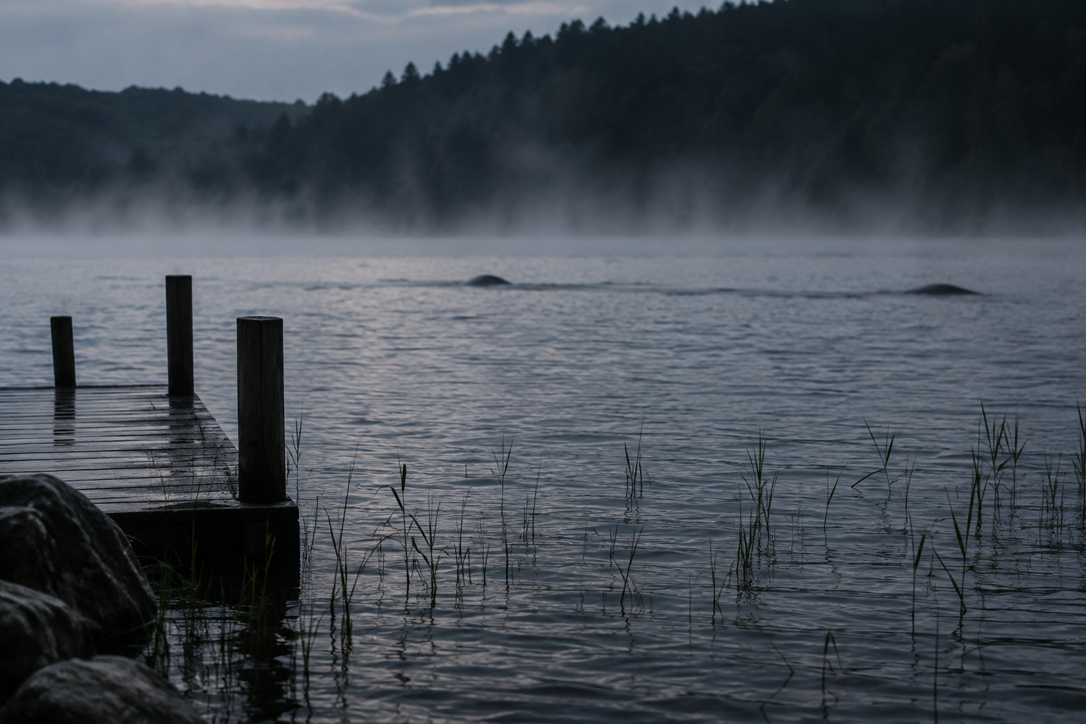 Supporting editorial reconstruction showing dock posts, low viewing angle and ambiguous wake distance on a lake