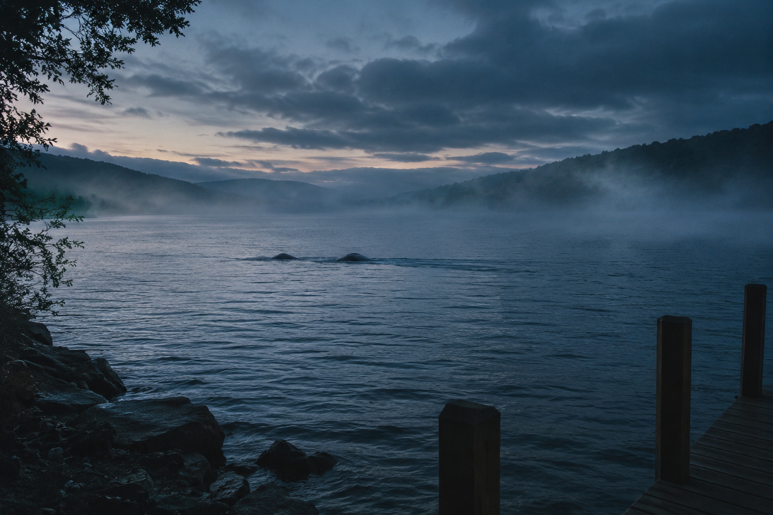 Cinematic editorial reconstruction of a distant lake monster wake and humps on a misty lake
