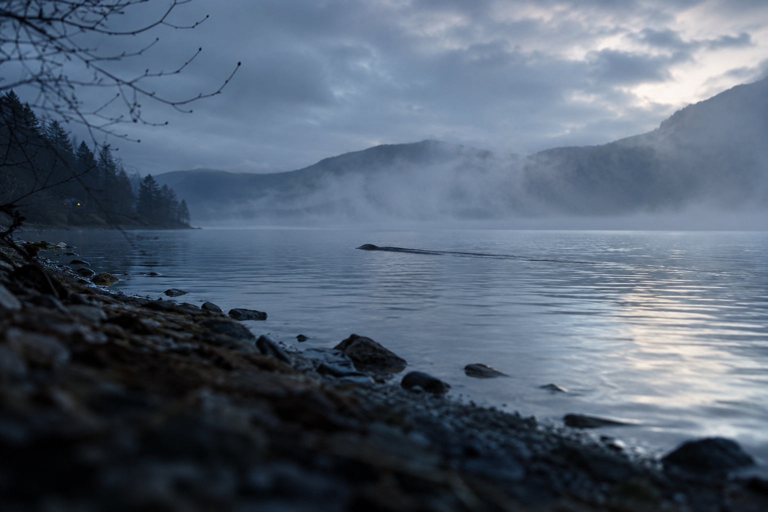 Cinematic editorial reconstruction of an ambiguous wake on a misty lake