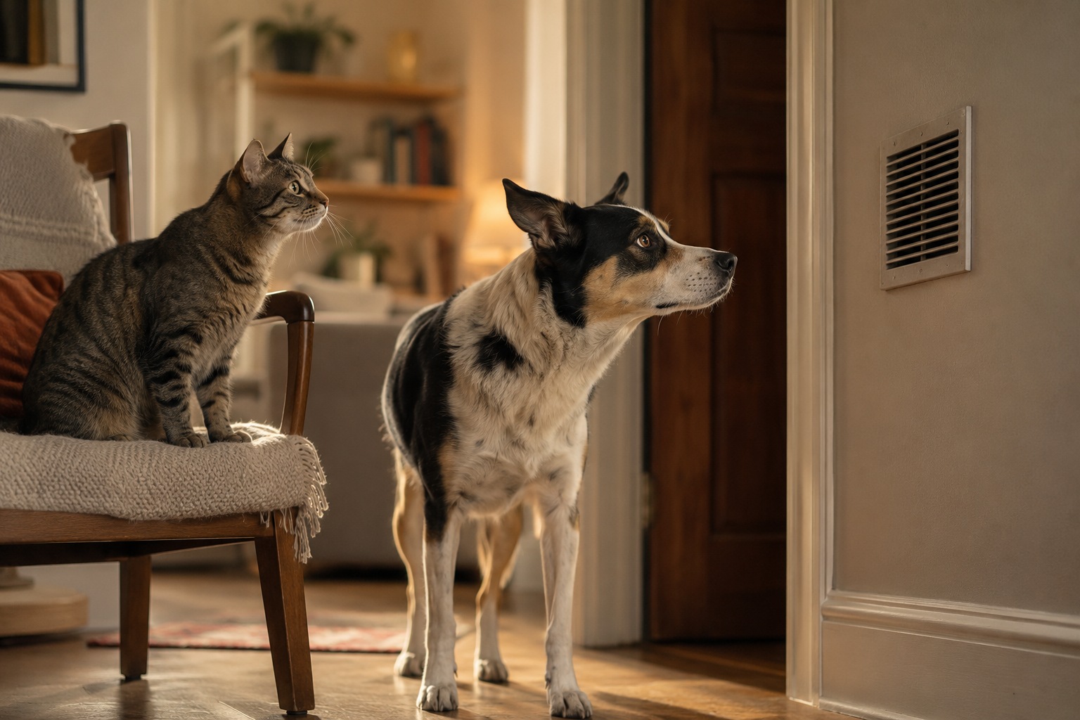 Editorial support image of a dog and cat reacting to an ordinary doorway, illustrating animal senses and interpretation in paranormal reports.