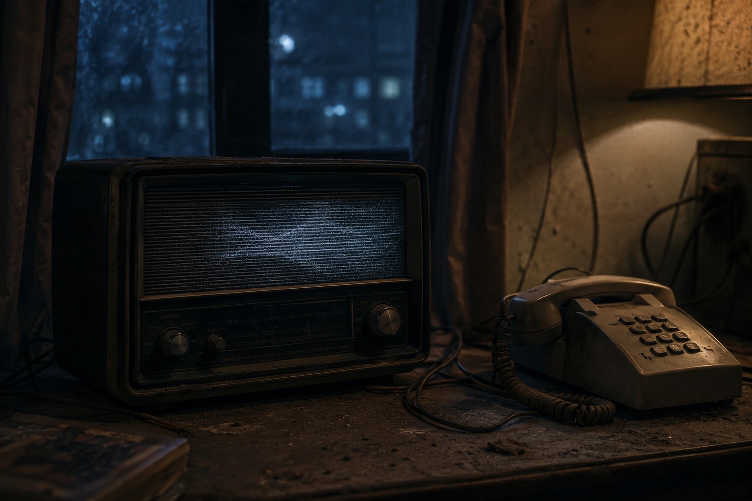Cinematic editorial image of an old radio and phone in a dim room, illustrating phantom voice and audio anomaly reports without claiming proof.