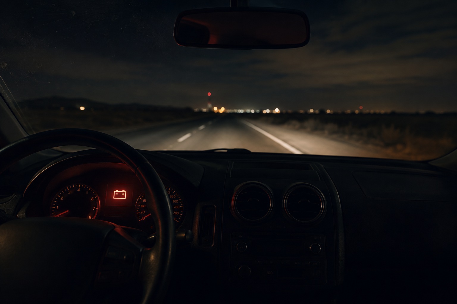 Editorial support image of a car dashboard, battery warning light and distant sky glow, illustrating evidence questions in UFO vehicle-effect reports.