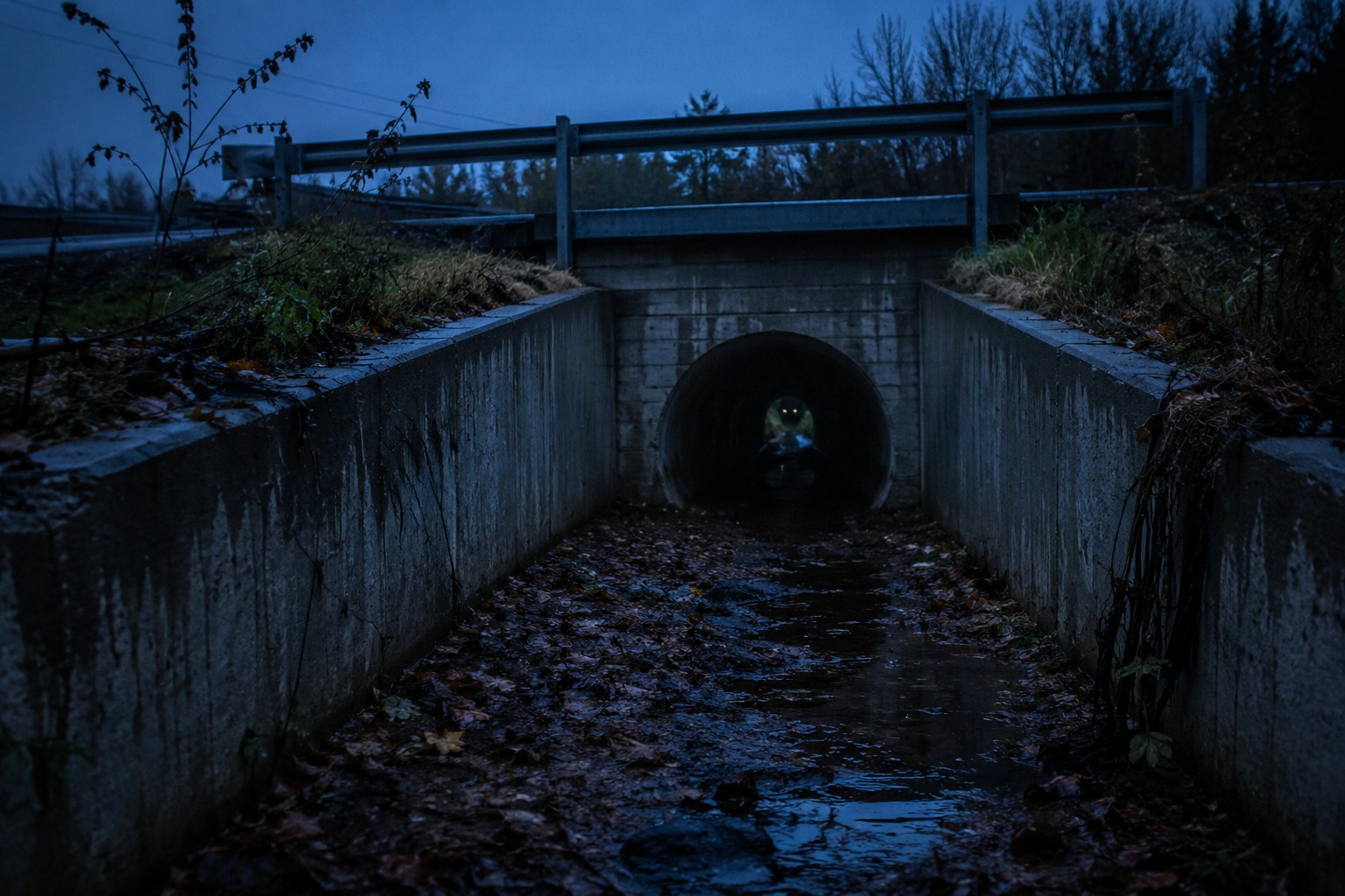 Cinematic editorial image of a dark culvert and drainage ditch at dusk, illustrating urban cryptid report settings without claiming proof.