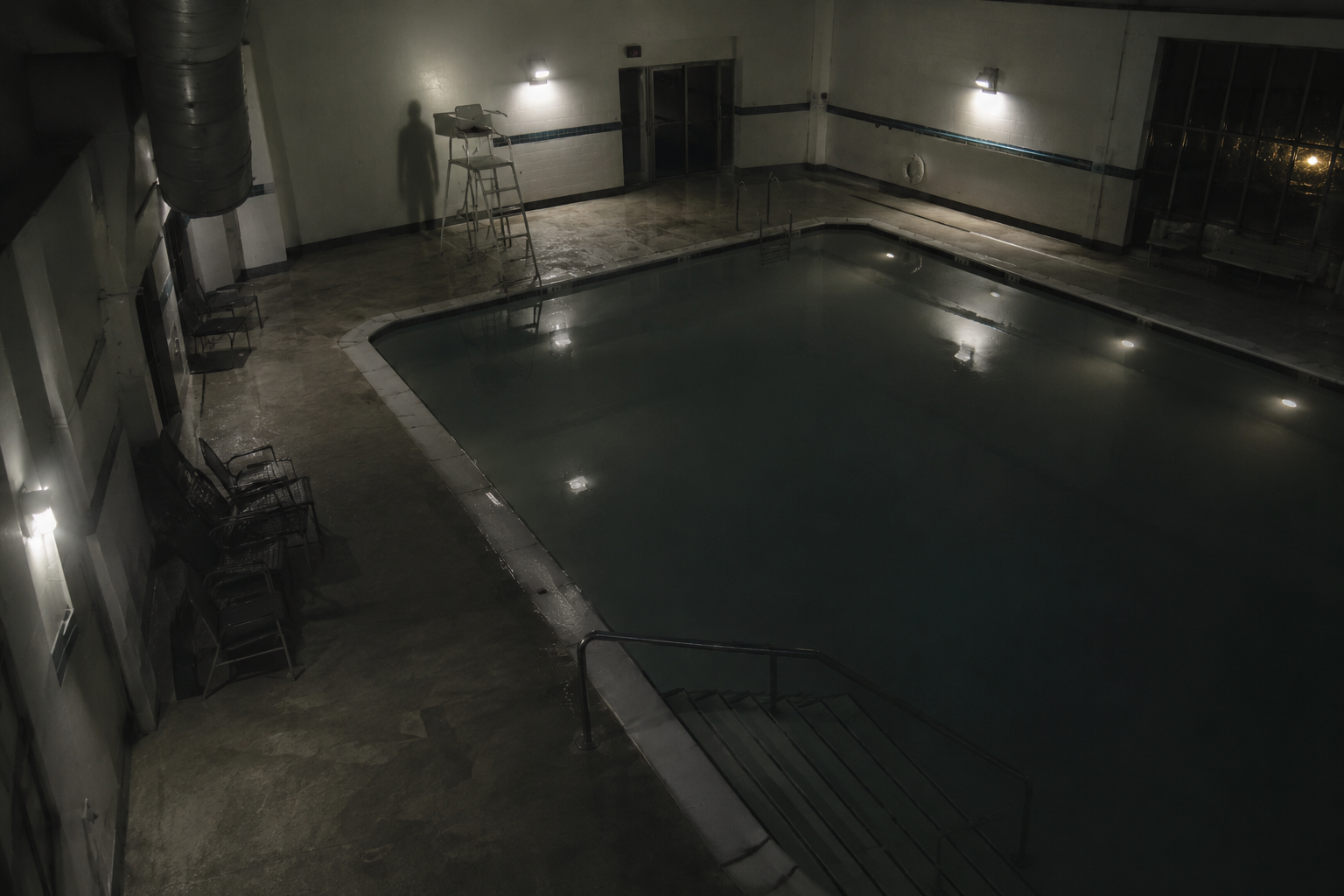 Cinematic editorial reconstruction of an empty room security camera scene with an ambiguous shadow near a pool chair