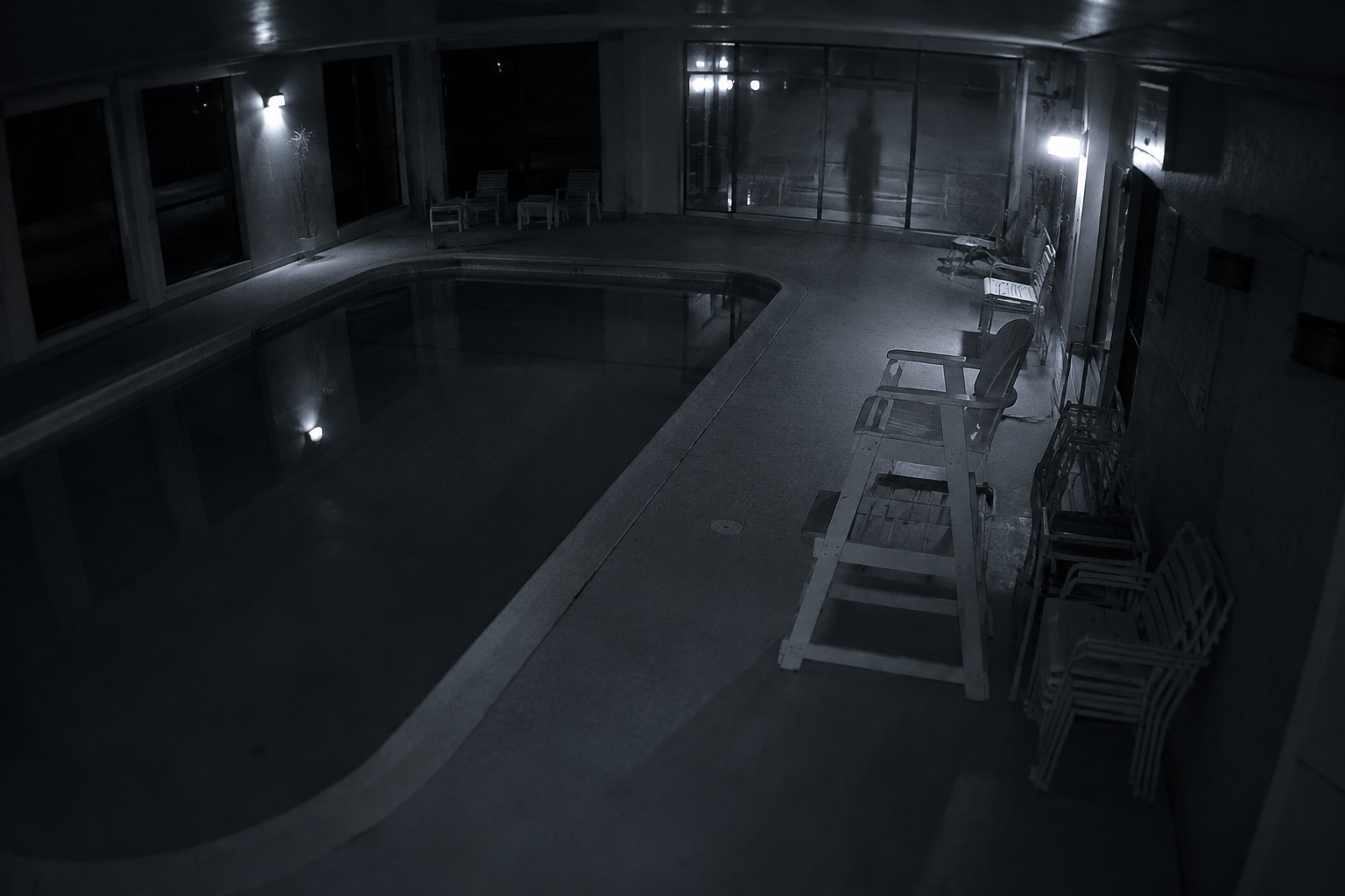 Supporting editorial reconstruction showing low light infrared security camera artifacts and an ambiguous human-shaped shadow