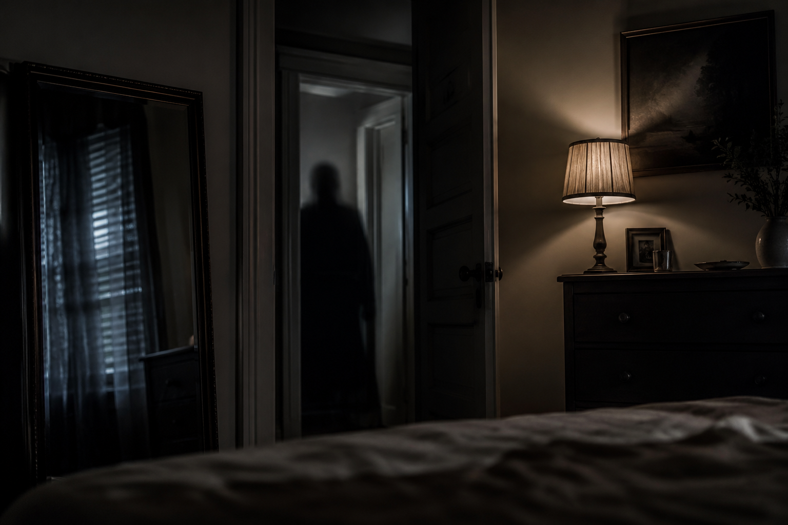 Premium editorial reconstruction showing low light, doorway shadow and reflection context for apparition reports