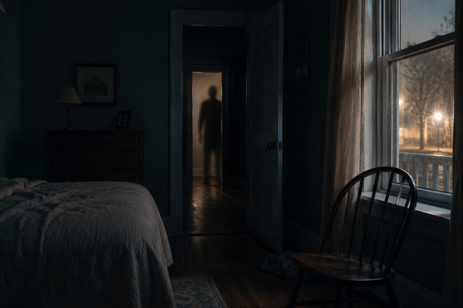 Cinematic editorial reconstruction of a barely visible shadow figure in a doorway