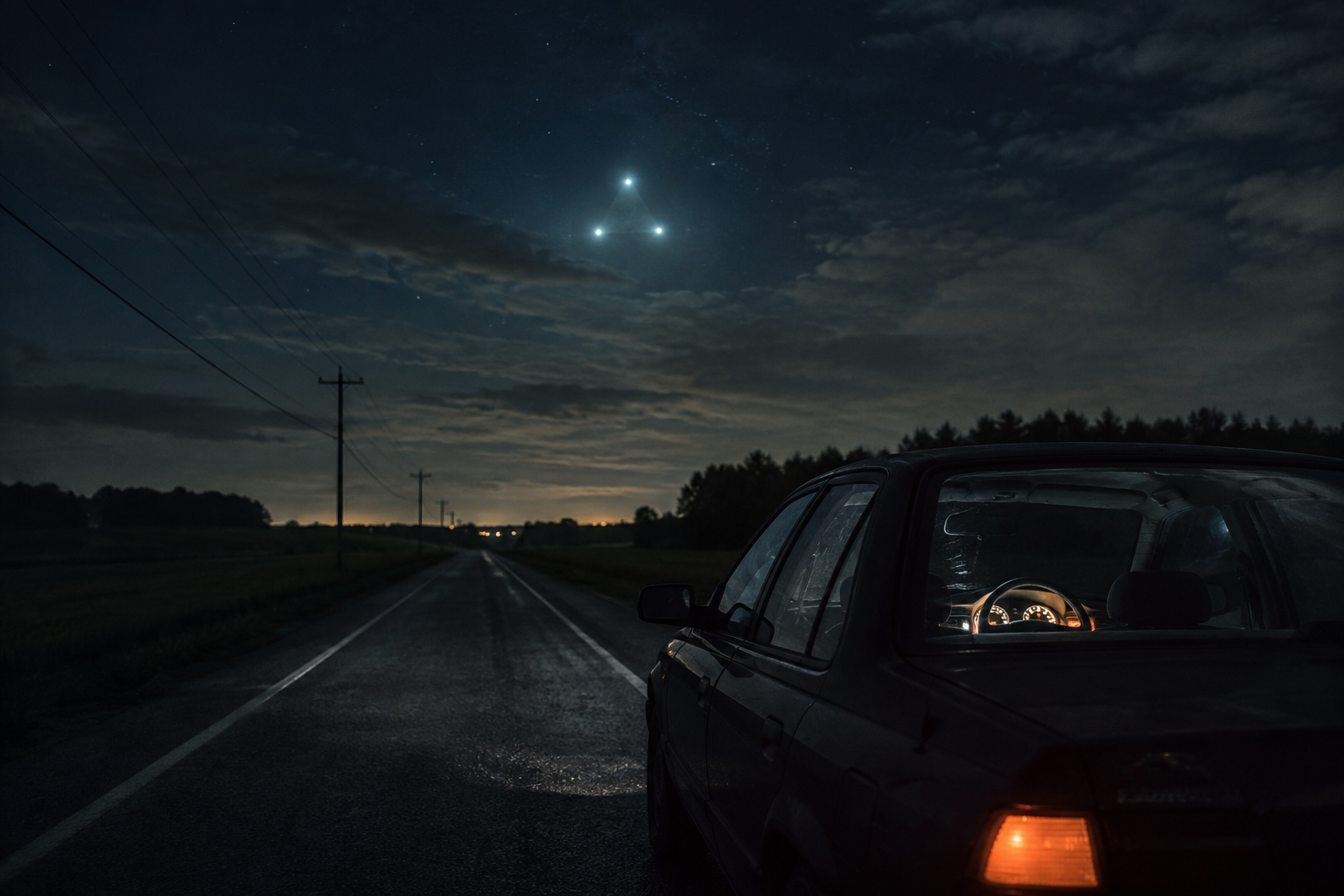 Premium editorial reconstruction showing a stopped car, clock glow and distant unexplained sky light