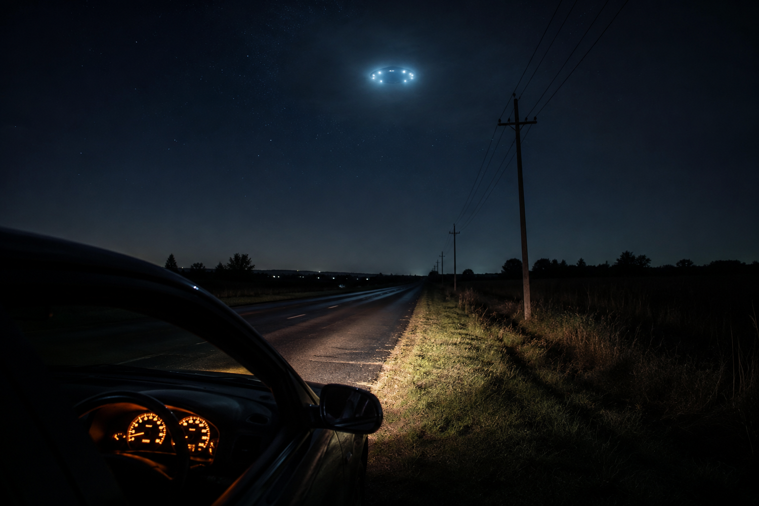 Cinematic editorial reconstruction of a lonely road under an unexplained light in the sky