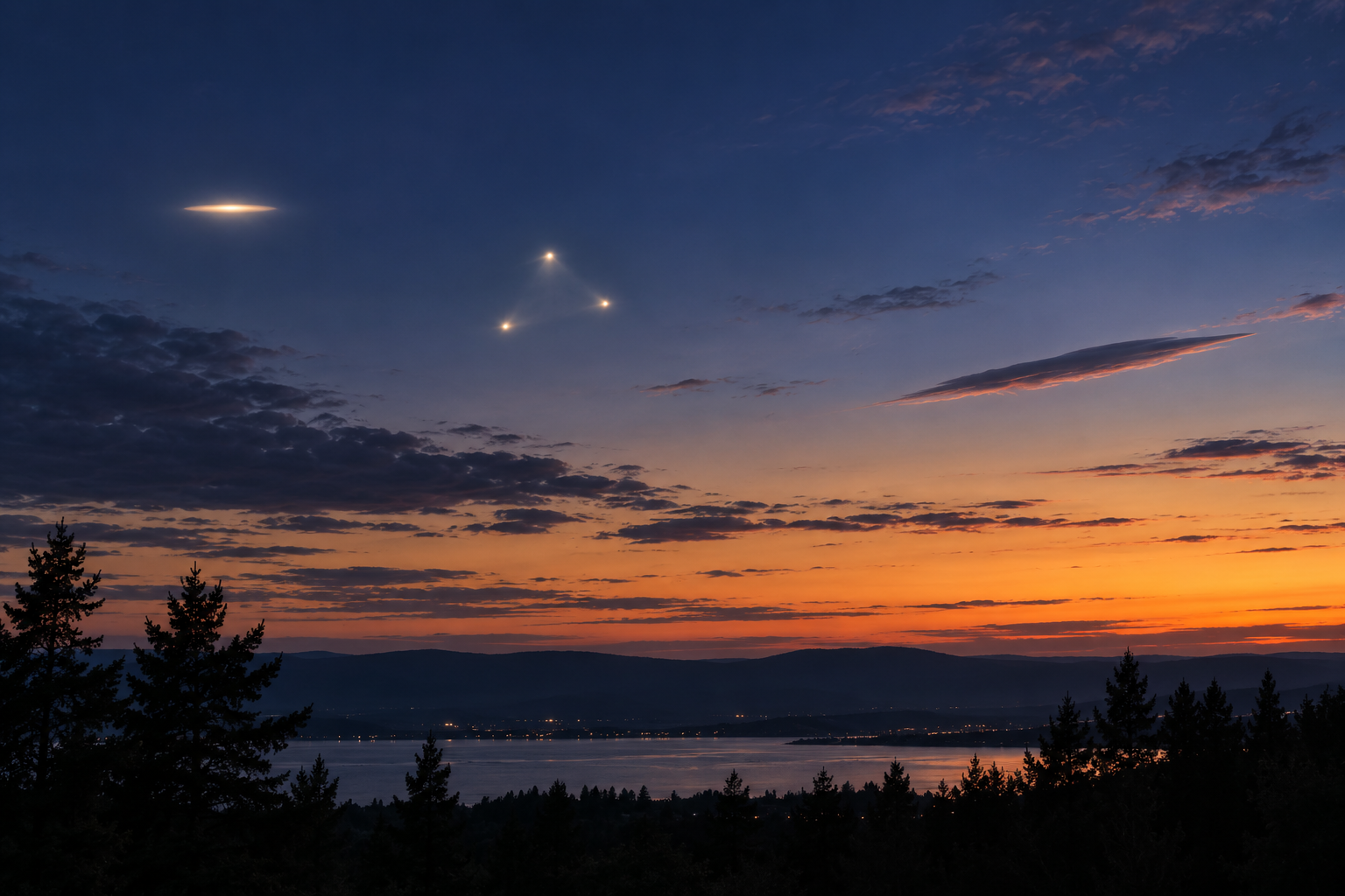 Cinematic editorial reconstruction of several ambiguous UFO shape impressions in a night sky