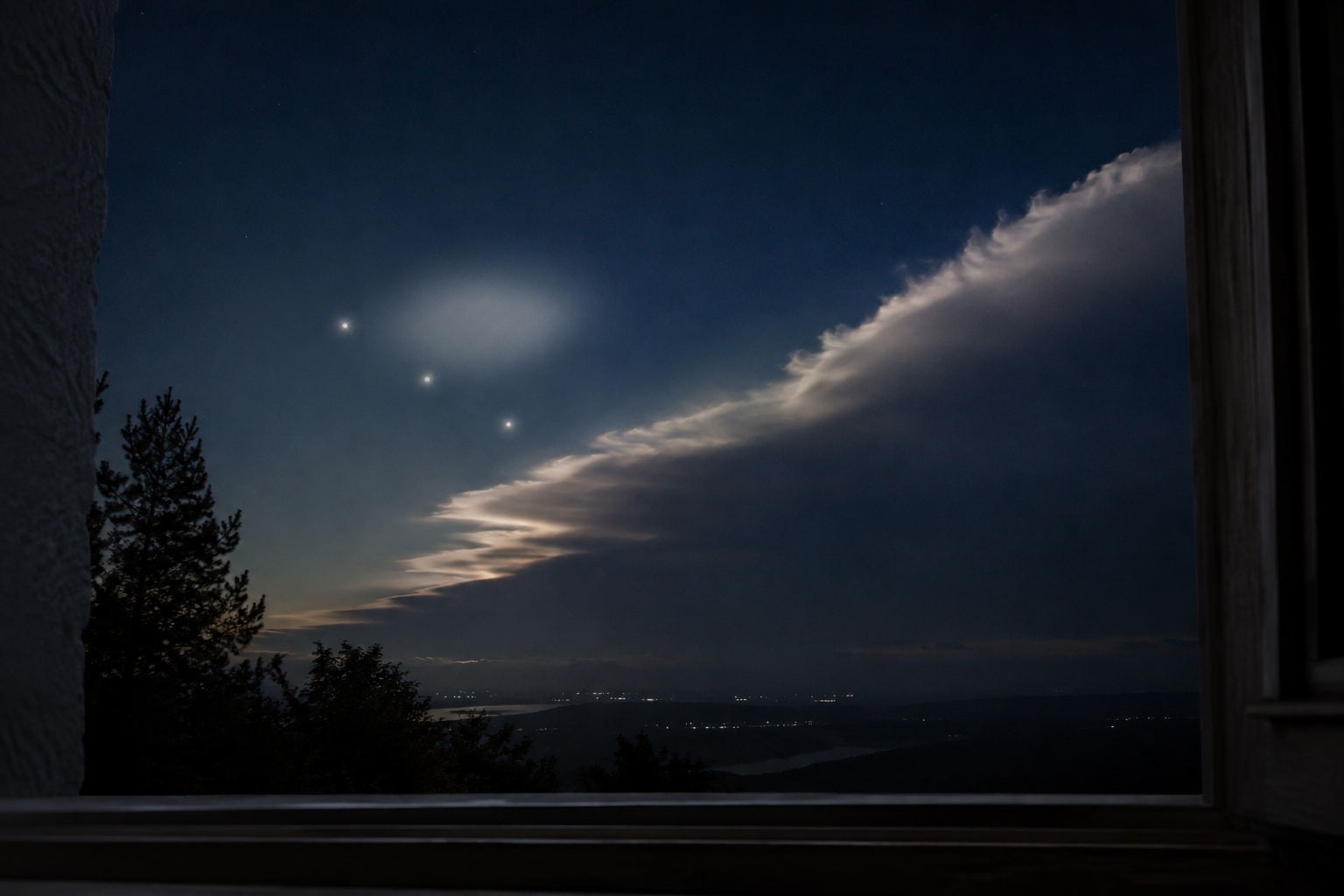 Premium supporting visual showing how lights and silhouettes can imply UFO shapes