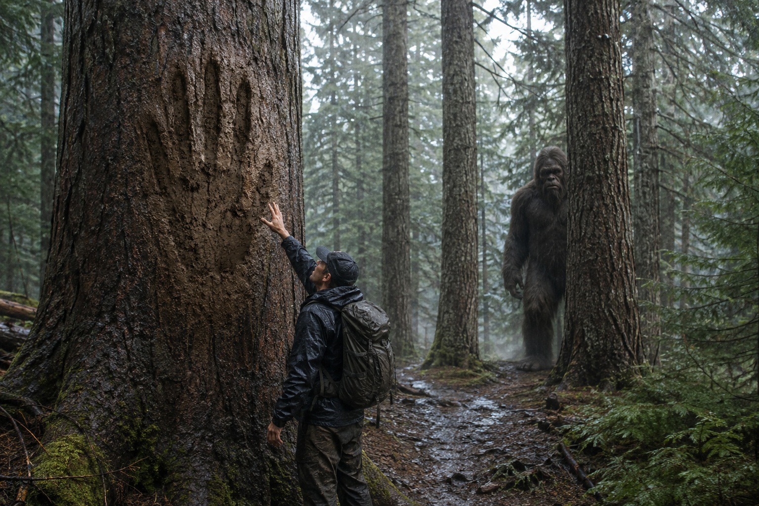 Editorial recreation of the What Do Muddy Handprints High On Tree Bark Mean Near A Bigfoot Sighting? story, image 1.