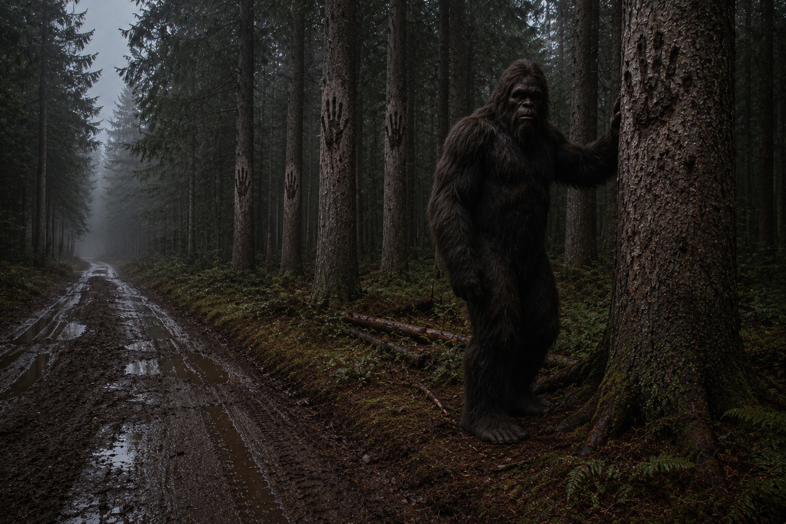 Editorial recreation of the What Do Muddy Handprints High On Tree Bark Mean Near A Bigfoot Sighting? story, image 4.