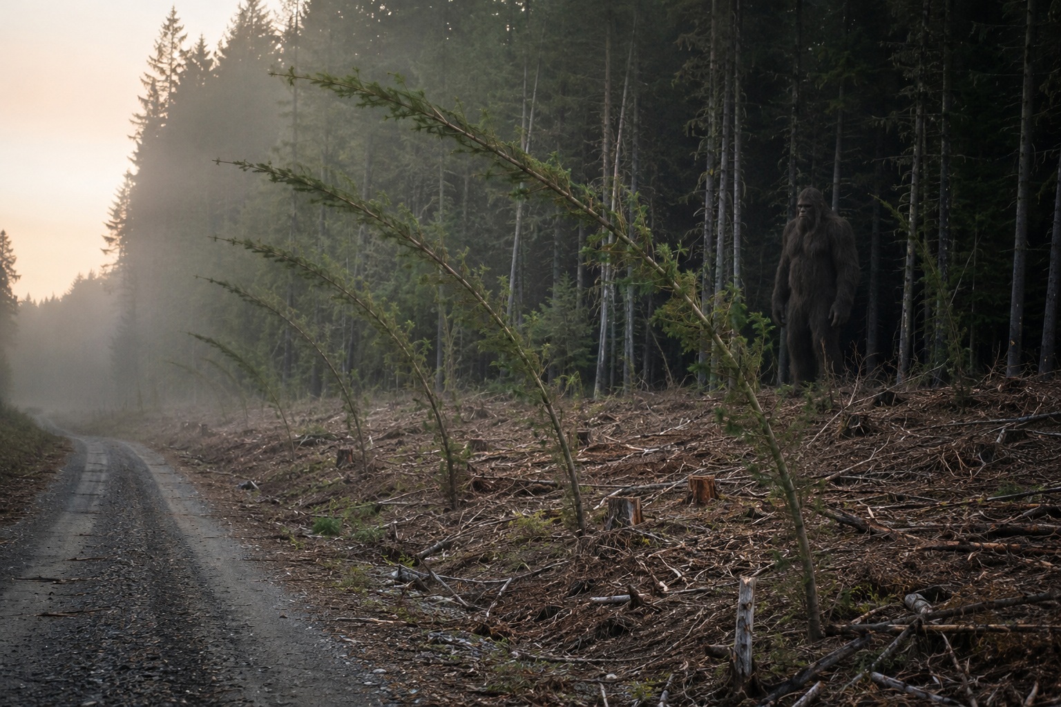 Editorial recreation of the Why Do Bigfoot Witnesses Find Bent Trees Beside Logging Roads? story, image 1.
