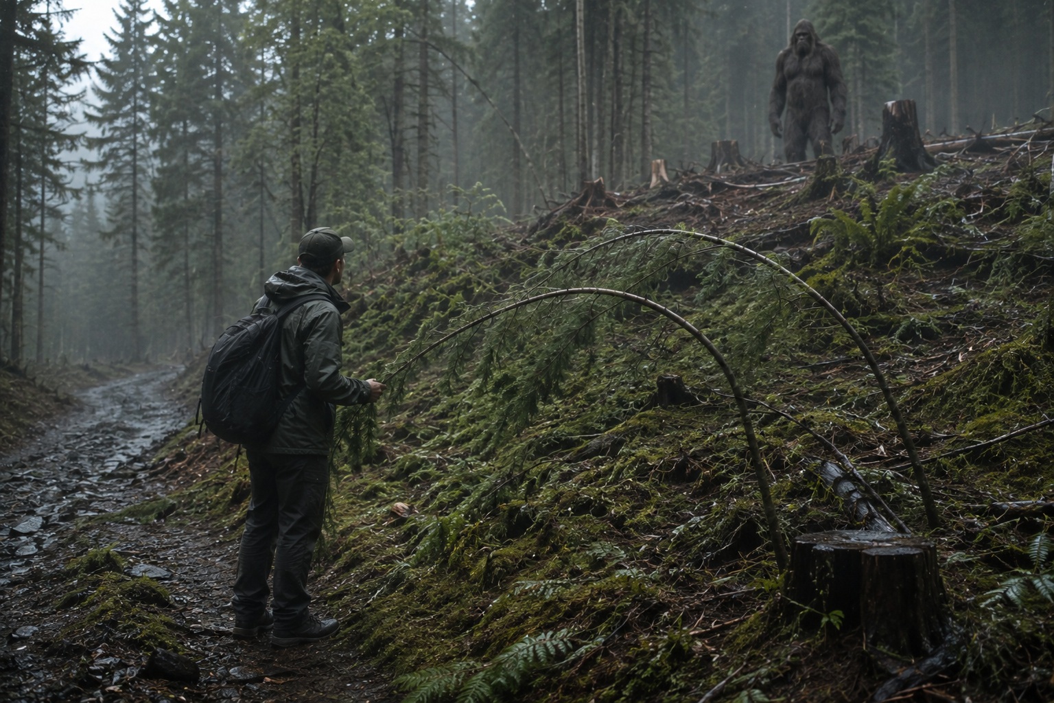 Editorial recreation of the Why Do Bigfoot Witnesses Find Bent Trees Beside Logging Roads? story, image 2.