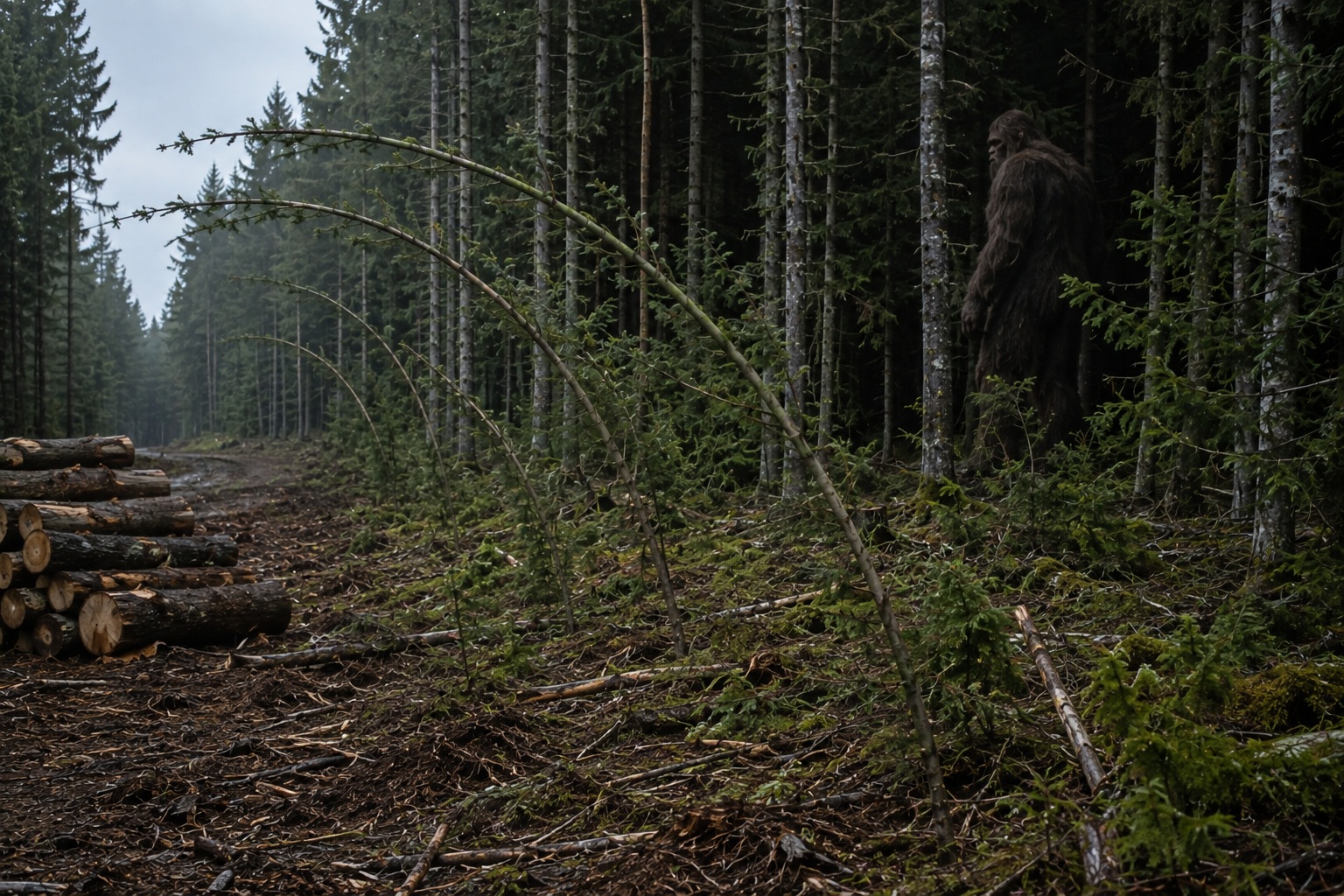 Editorial recreation of the Why Do Bigfoot Witnesses Find Bent Trees Beside Logging Roads? story, image 3.