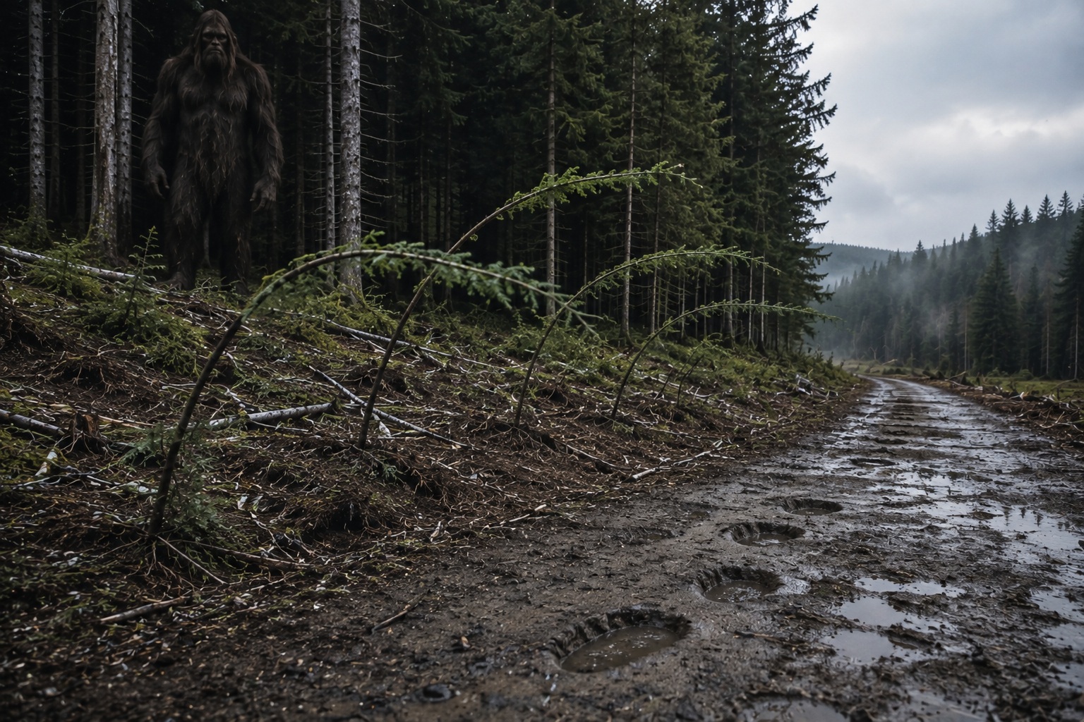 Editorial recreation of the Why Do Bigfoot Witnesses Find Bent Trees Beside Logging Roads? story, image 4.