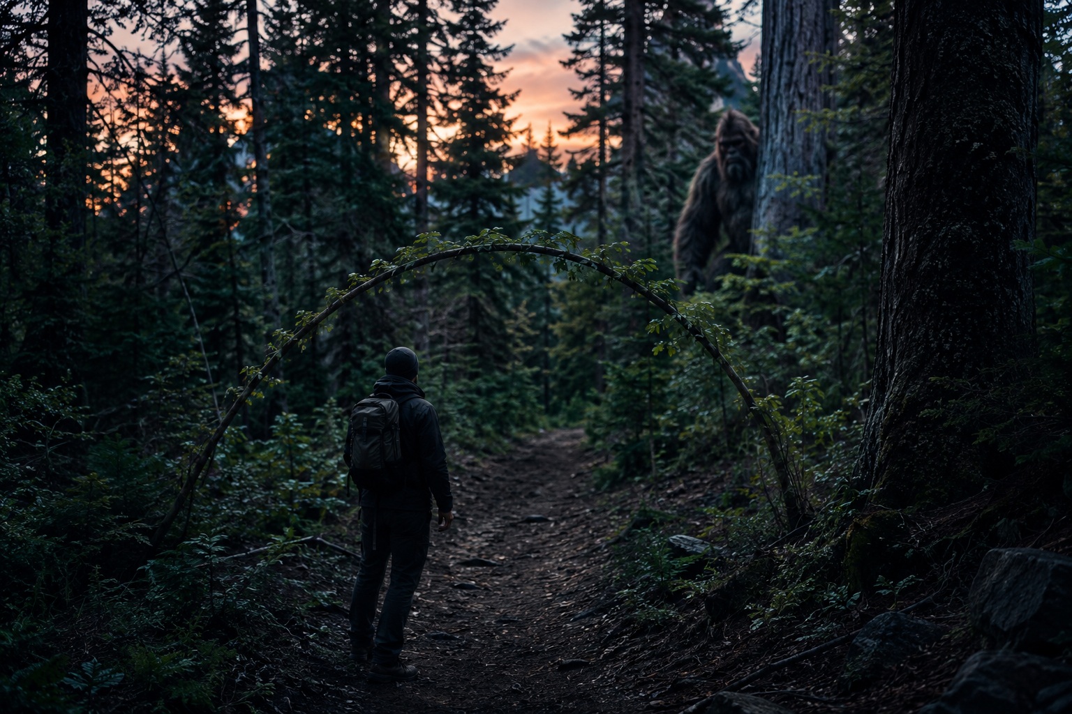 Editorial recreation of the Why Do Bigfoot Witnesses Find Broken Branch Arches On Trails? story, image 1.