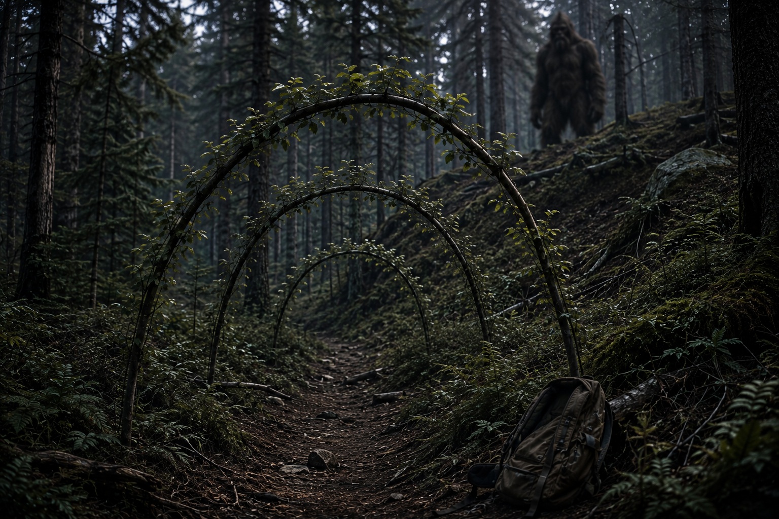 Editorial recreation of the Why Do Bigfoot Witnesses Find Broken Branch Arches On Trails? story, image 2.