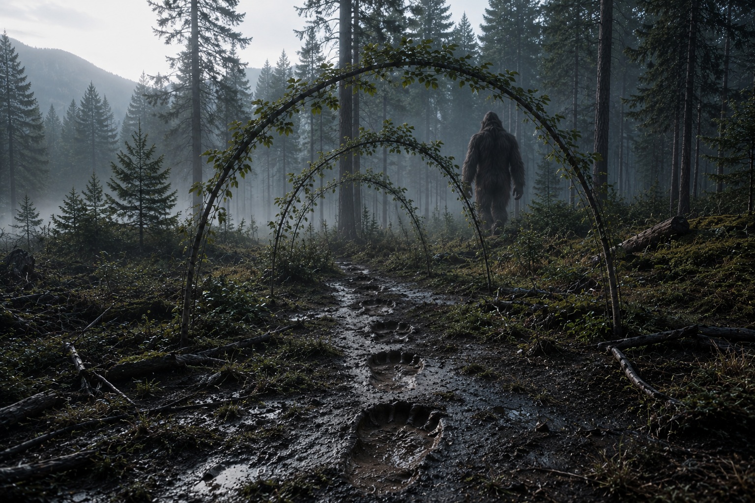 Editorial recreation of the Why Do Bigfoot Witnesses Find Broken Branch Arches On Trails? story, image 4.
