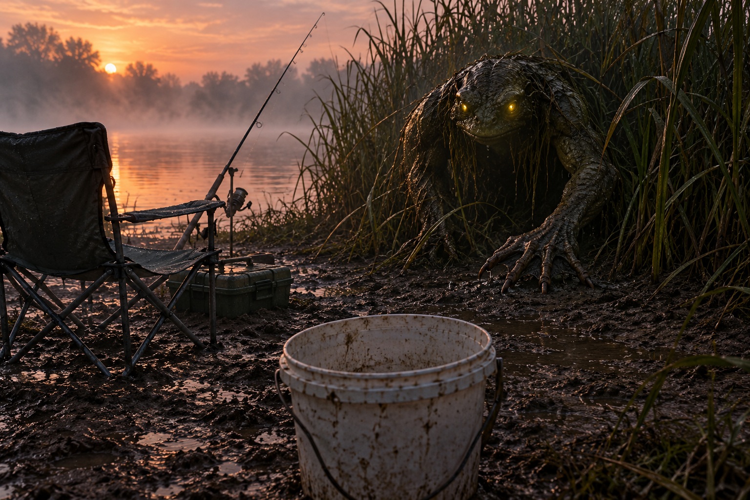 Editorial recreation of the Why Do Creature Reports Mention Empty Bait Buckets At Sunrise? story, image 1.