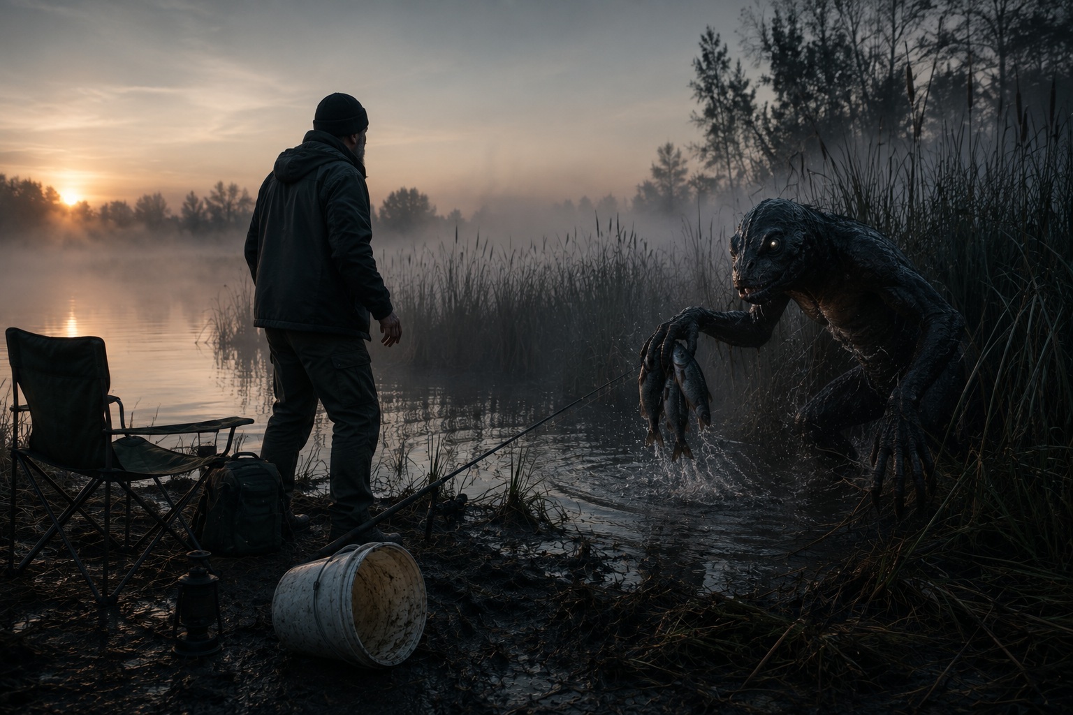 Editorial recreation of the Why Do Creature Reports Mention Empty Bait Buckets At Sunrise? story, image 2.