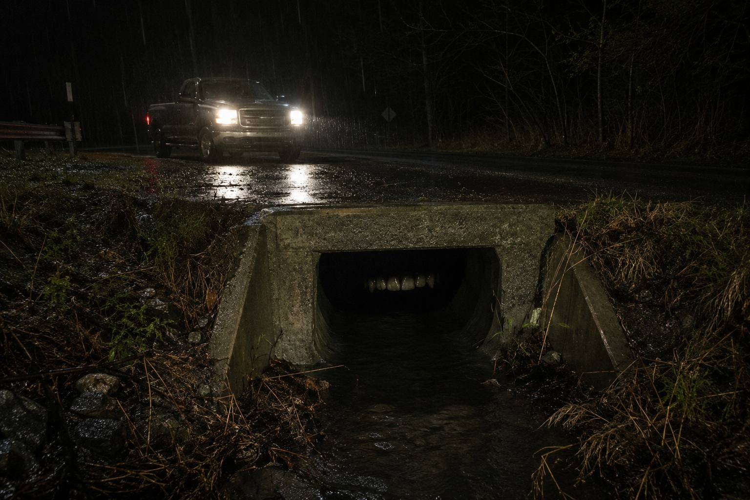 Editorial recreation of the Why Do Creature Stories Mention Teeth Showing In Culverts? story, image 1.