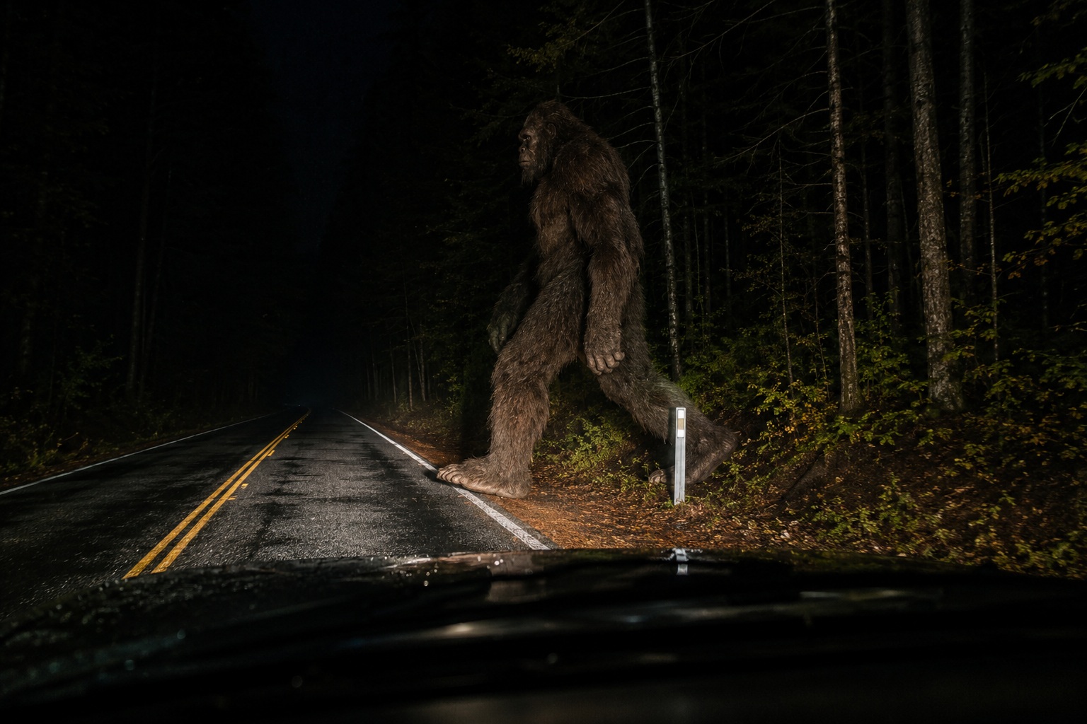 Editorial recreation for Why Do Drivers Report Bigfoot Crossing Roads At Night?, image 1.