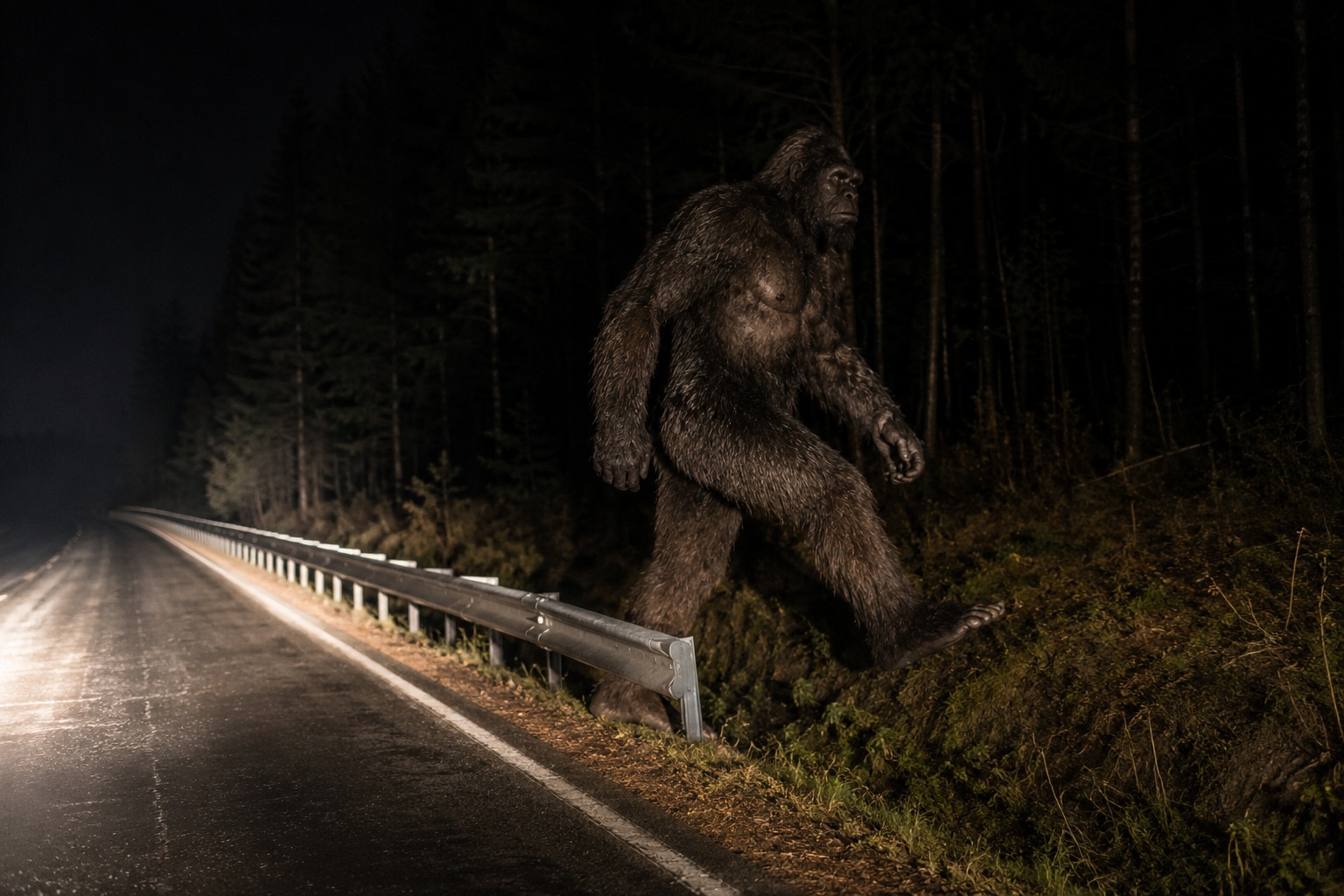Editorial recreation for Why Do Drivers Report Bigfoot Crossing Roads At Night?, image 2.