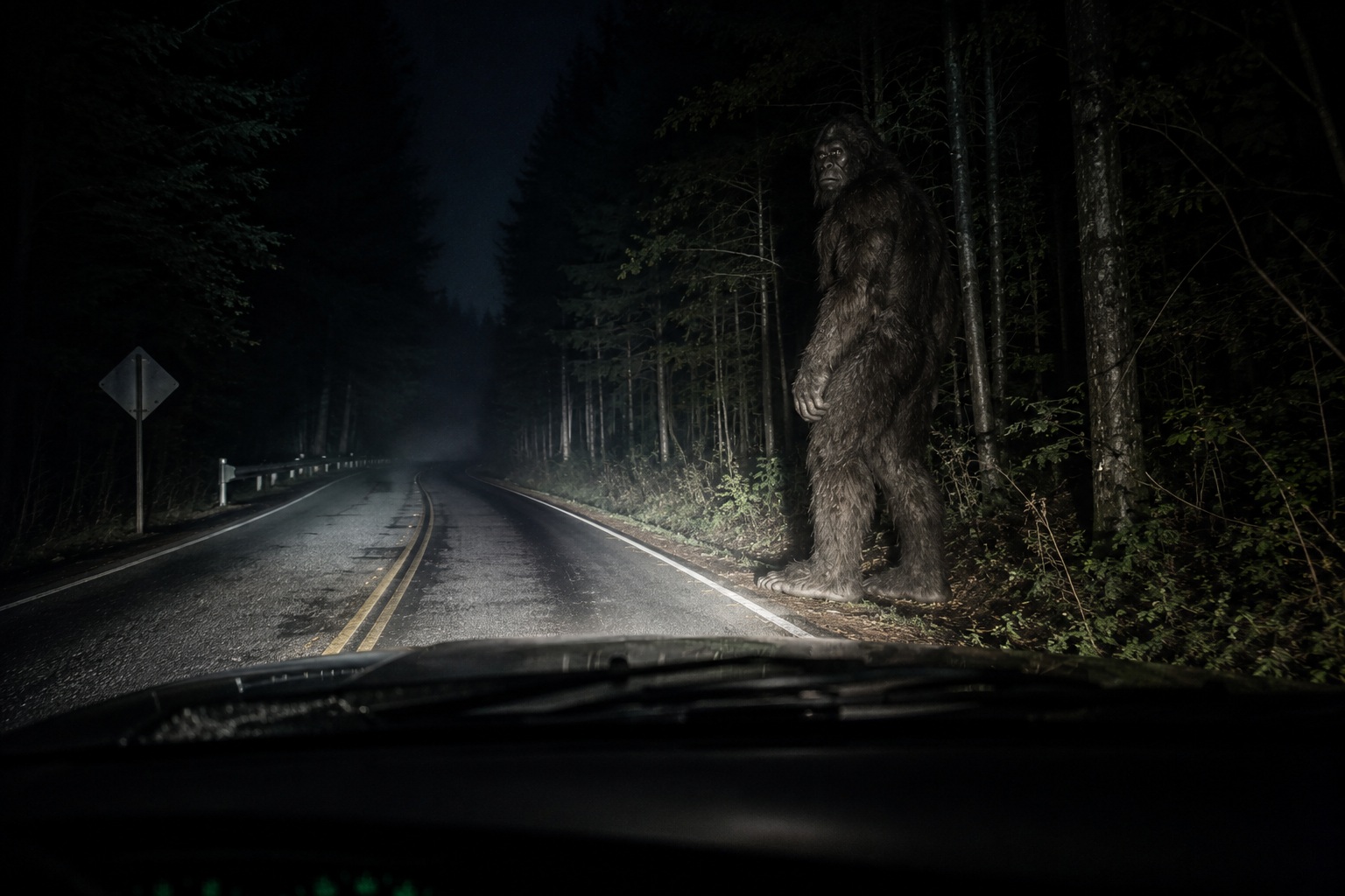 Editorial recreation for Why Do Drivers Report Bigfoot Crossing Roads At Night?, image 3.