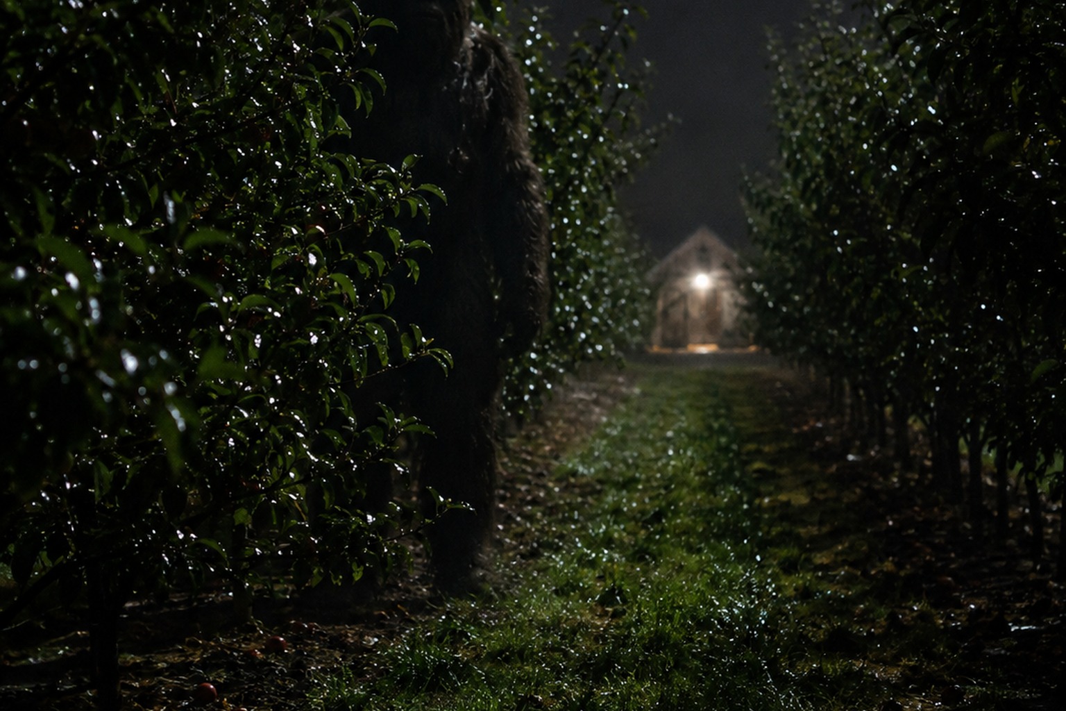 Editorial recreation for Why Do Hairy Figures Watch From Orchard Rows?.