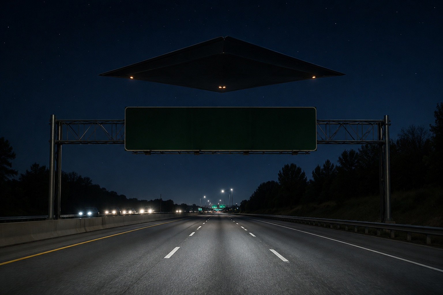 Editorial recreation of the Why Do Highway Signs Go Dark Under Silent UFOs? story, image 1.
