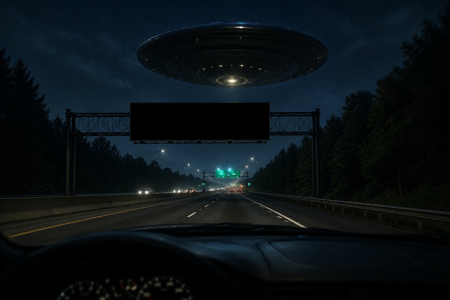 Editorial recreation of the Why Do Highway Signs Go Dark Under Silent UFOs? story, image 2.