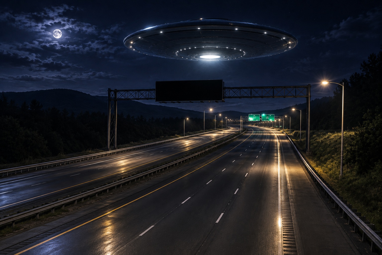 Editorial recreation of the Why Do Highway Signs Go Dark Under Silent UFOs? story, image 4.