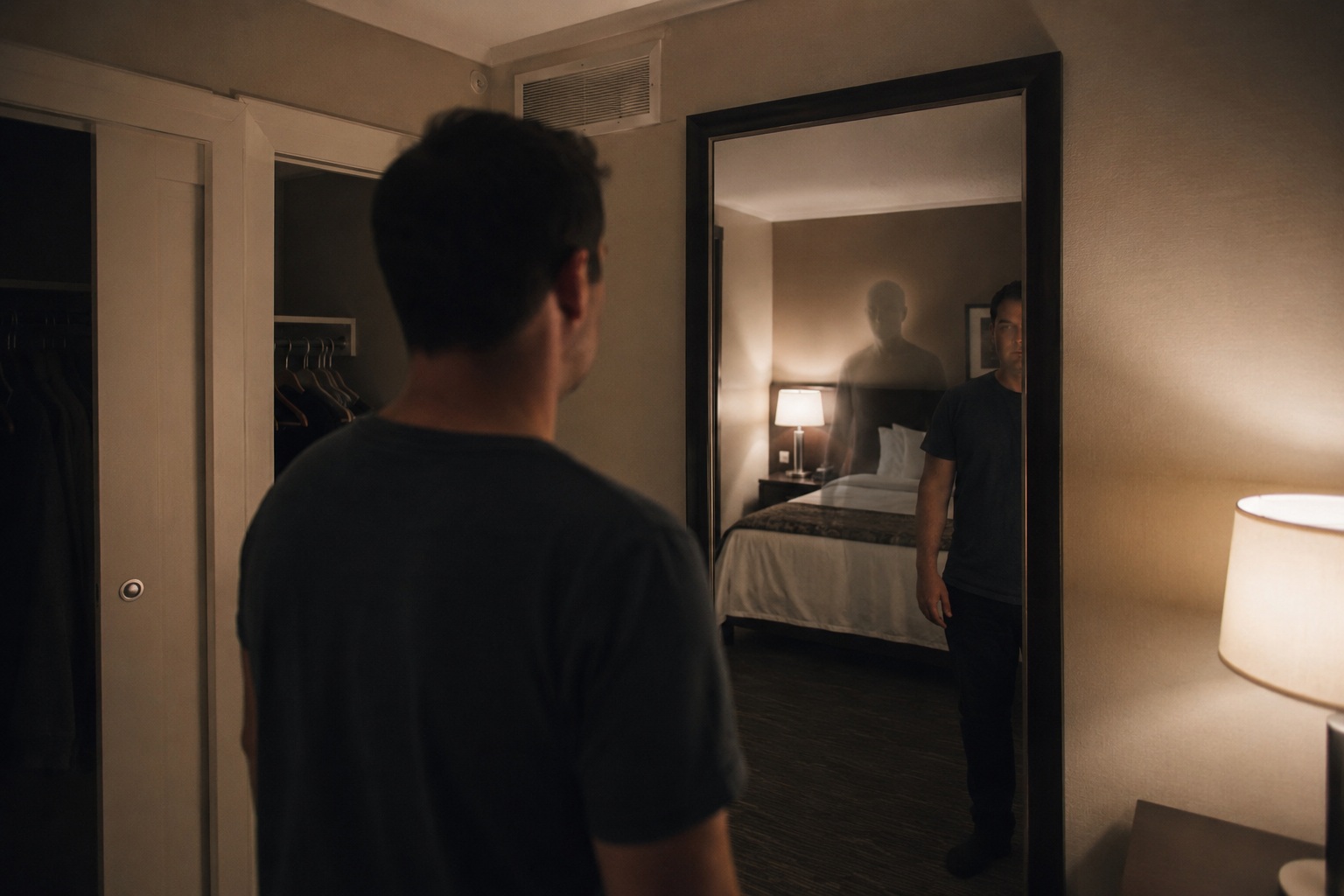 Editorial recreation of the Why Do Hotel Room Mirrors Show Someone Behind You? story, image 1.