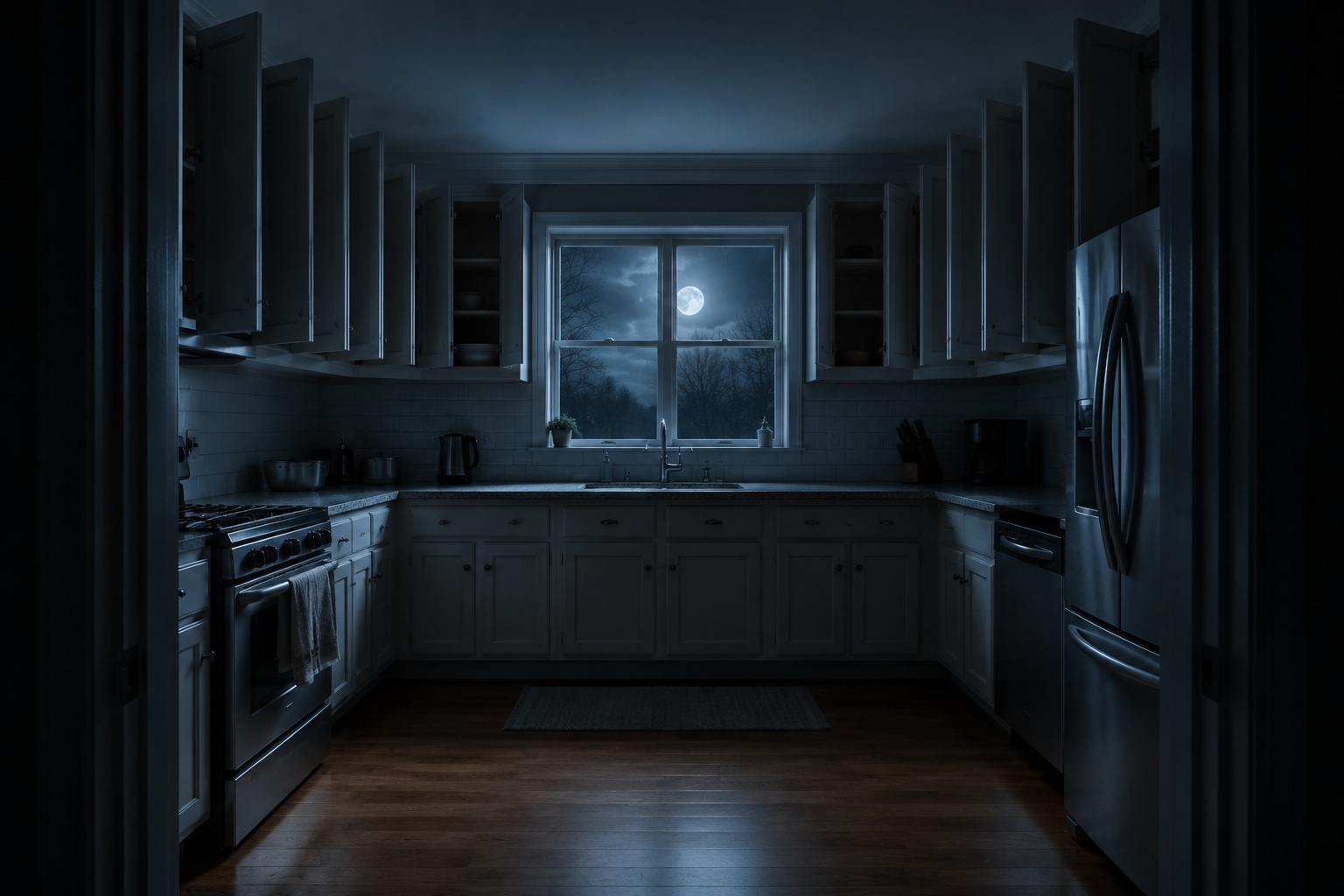Editorial recreation of the Why Do Kitchen Cabinets Open In Perfect Rows At 3 A.M.? story, image 1.