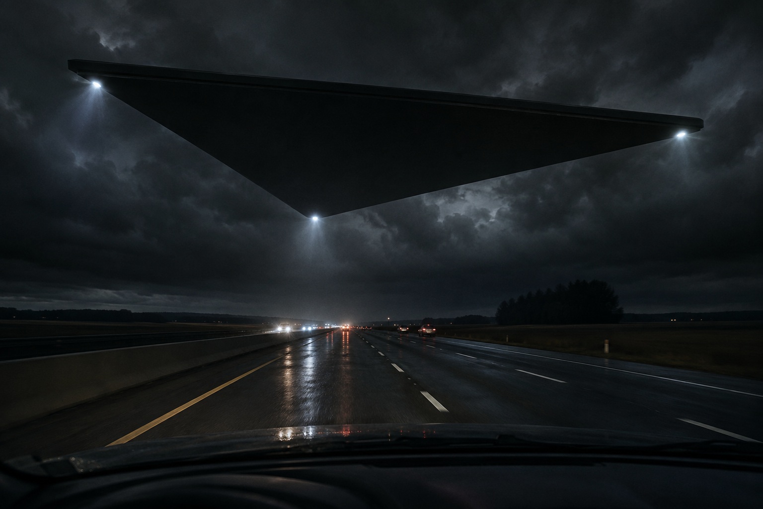 Editorial recreation for Why Do People Report Black Triangle UFOs Over Highways?, image 1.