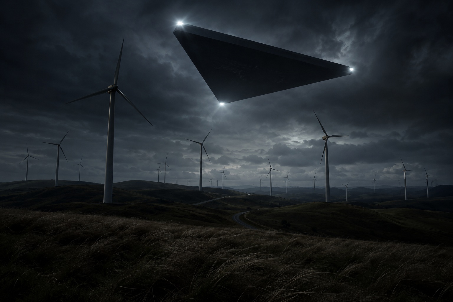 Editorial recreation of the Why Do Wind Farms Go Silent Under Triangle UFOs? story, image 1.