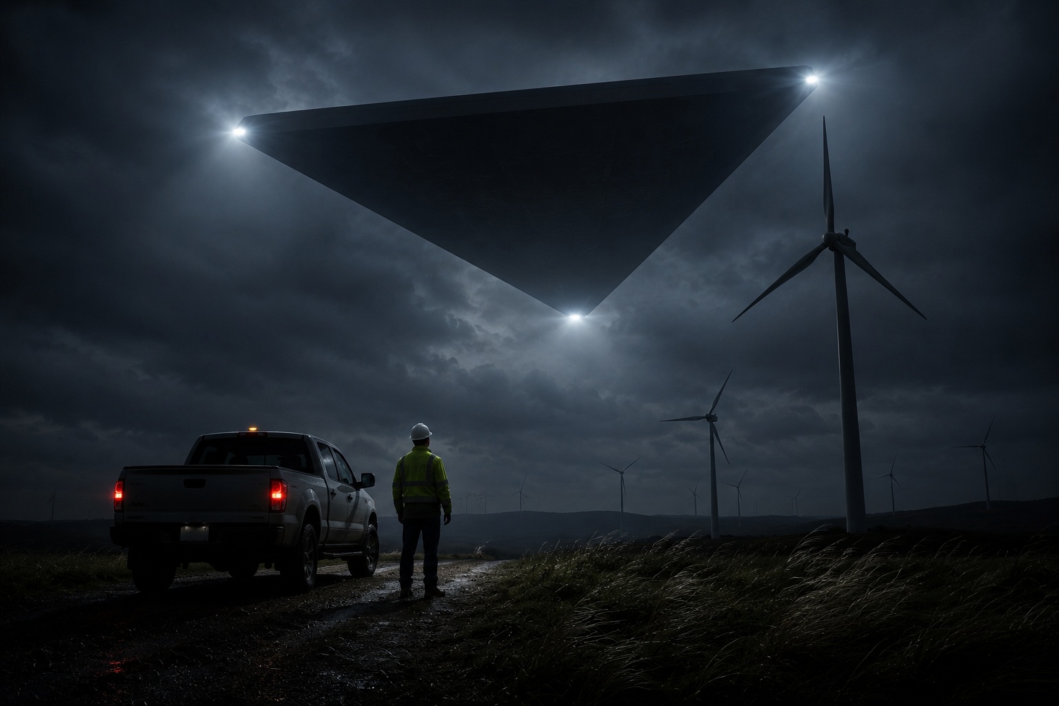 Editorial recreation of the Why Do Wind Farms Go Silent Under Triangle UFOs? story, image 2.